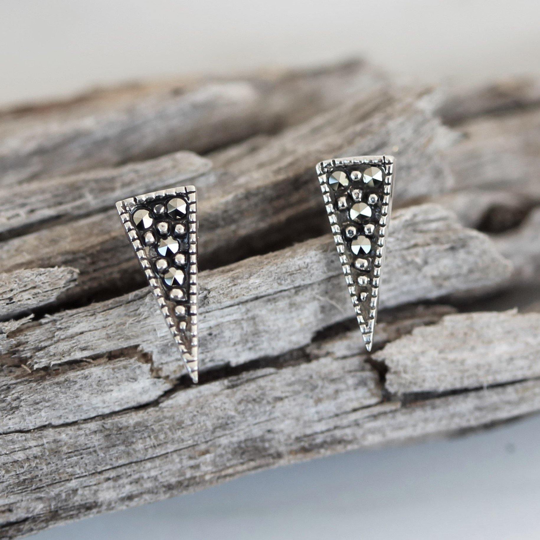 Sterling Silver Marcasite Pointy Triangle Stud Earrings - STERLING SILVER DESIGNS