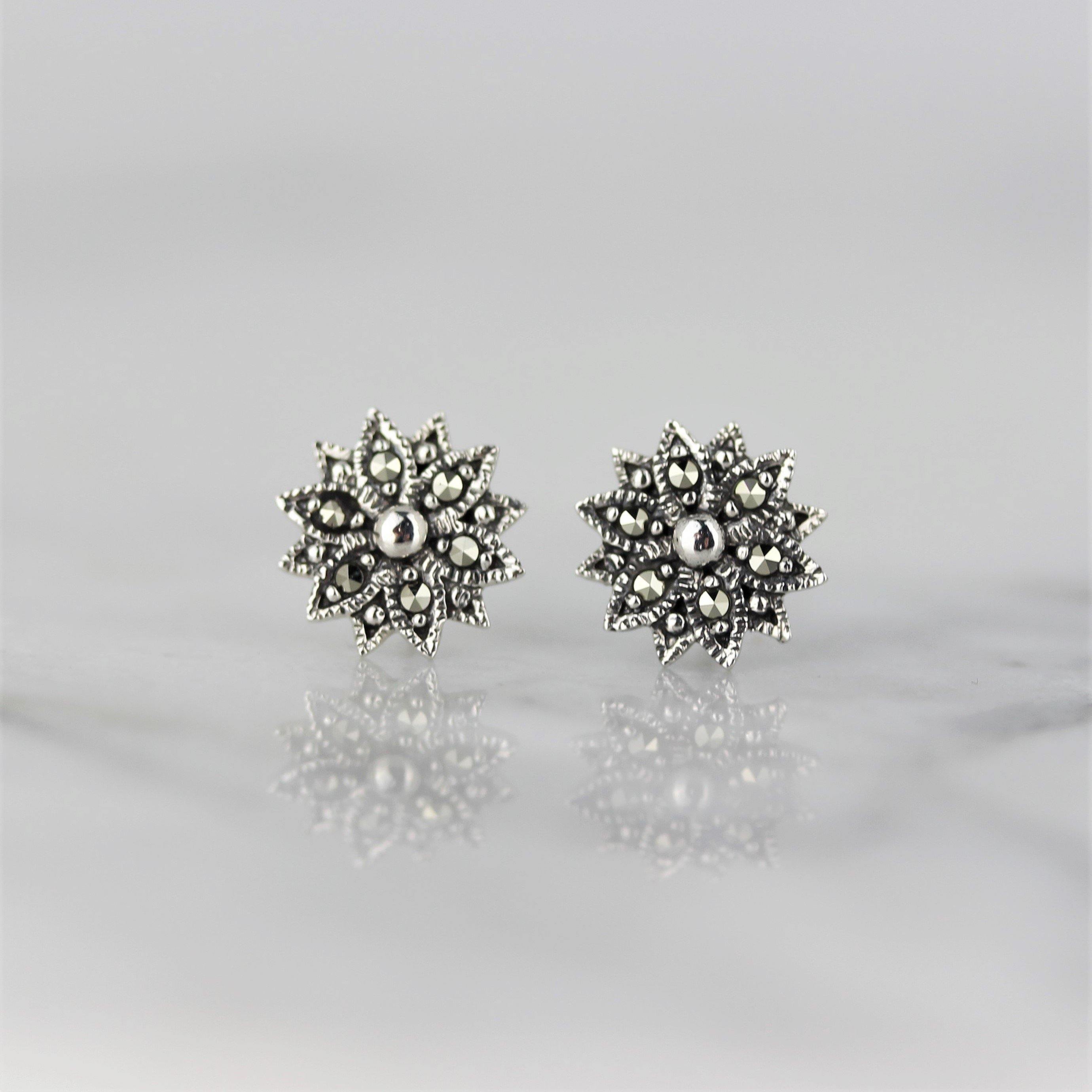 Sterling Silver Marcasite 10mm Flower Stud Earrings - STERLING SILVER DESIGNS