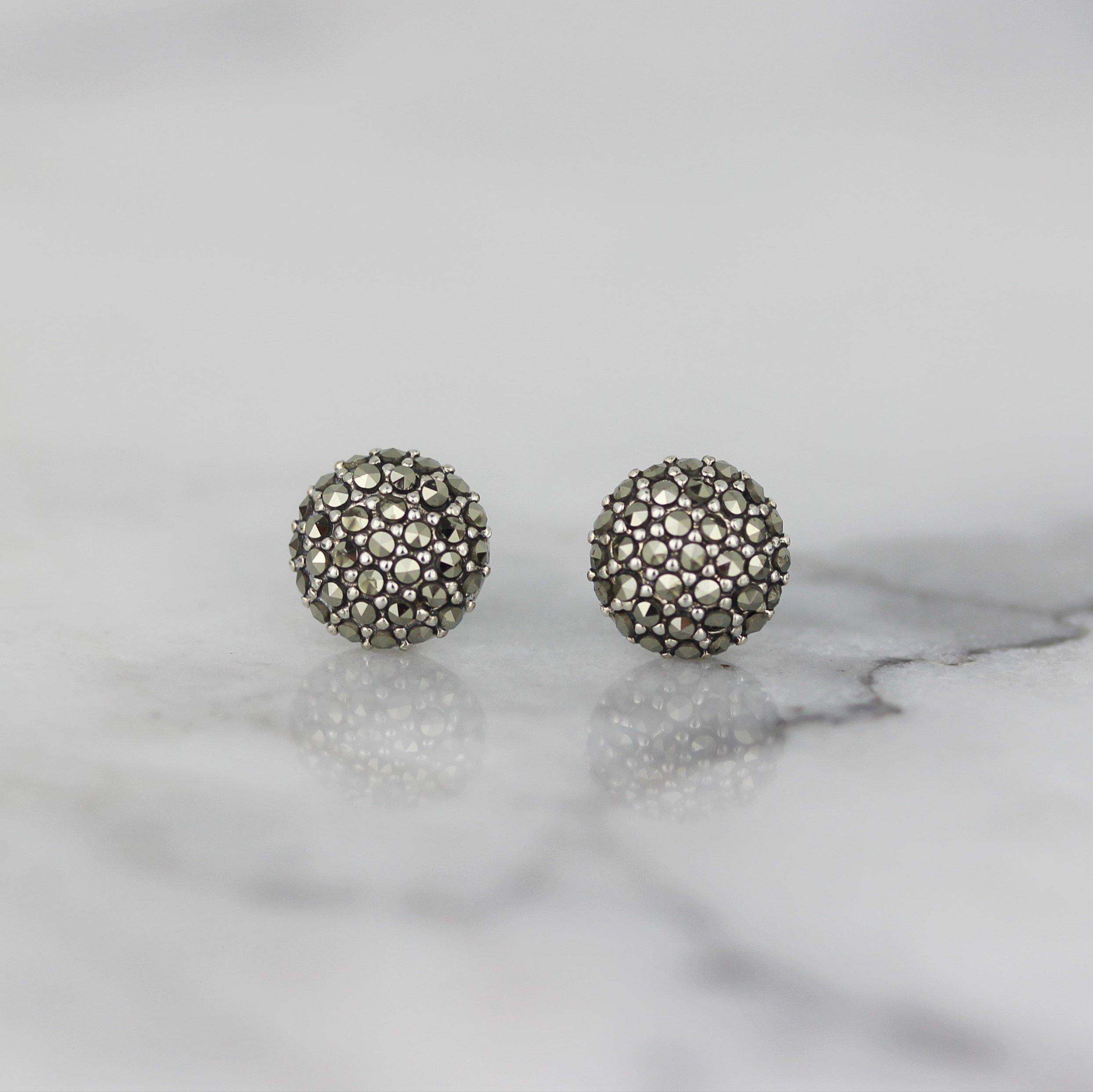 Sterling Silver Marcasite 9mm Round 1/2 Dome Stud Earrings - STERLING SILVER DESIGNS