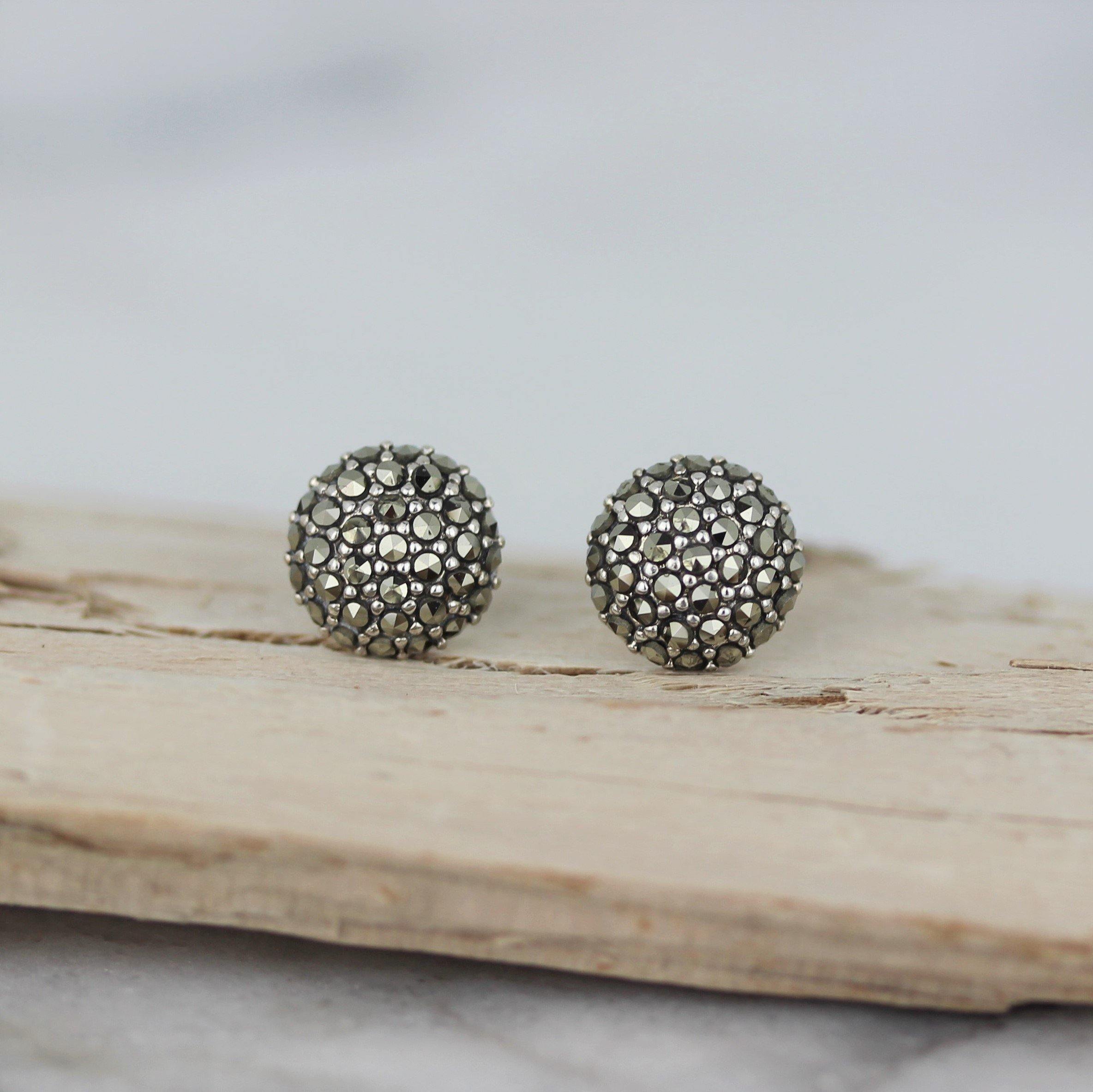 Sterling Silver Marcasite 9mm Round 1/2 Dome Stud Earrings - STERLING SILVER DESIGNS