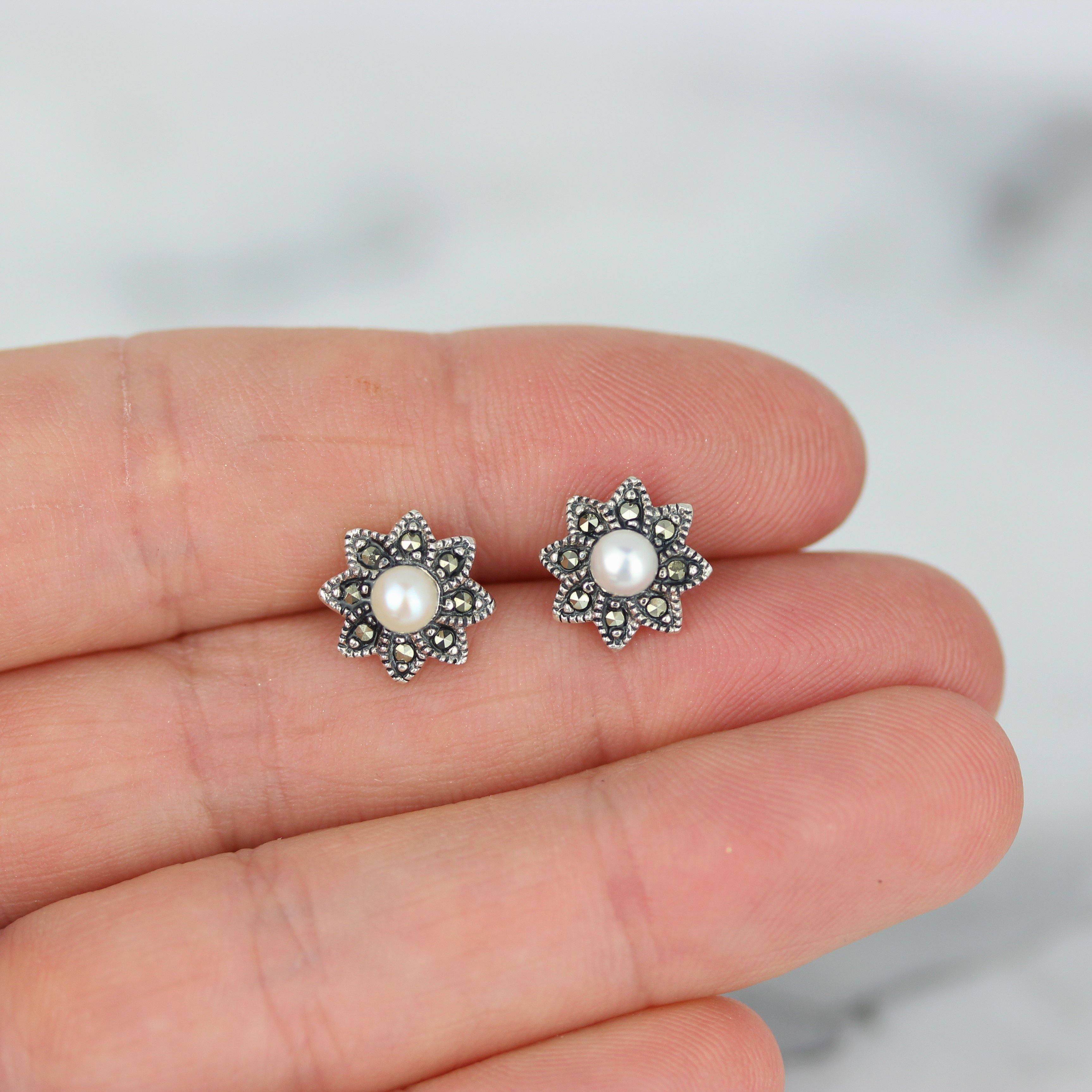 Sterling Silver Marcasite & Fresh Water Pearl 10mm Stud Earrings - STERLING SILVER DESIGNS