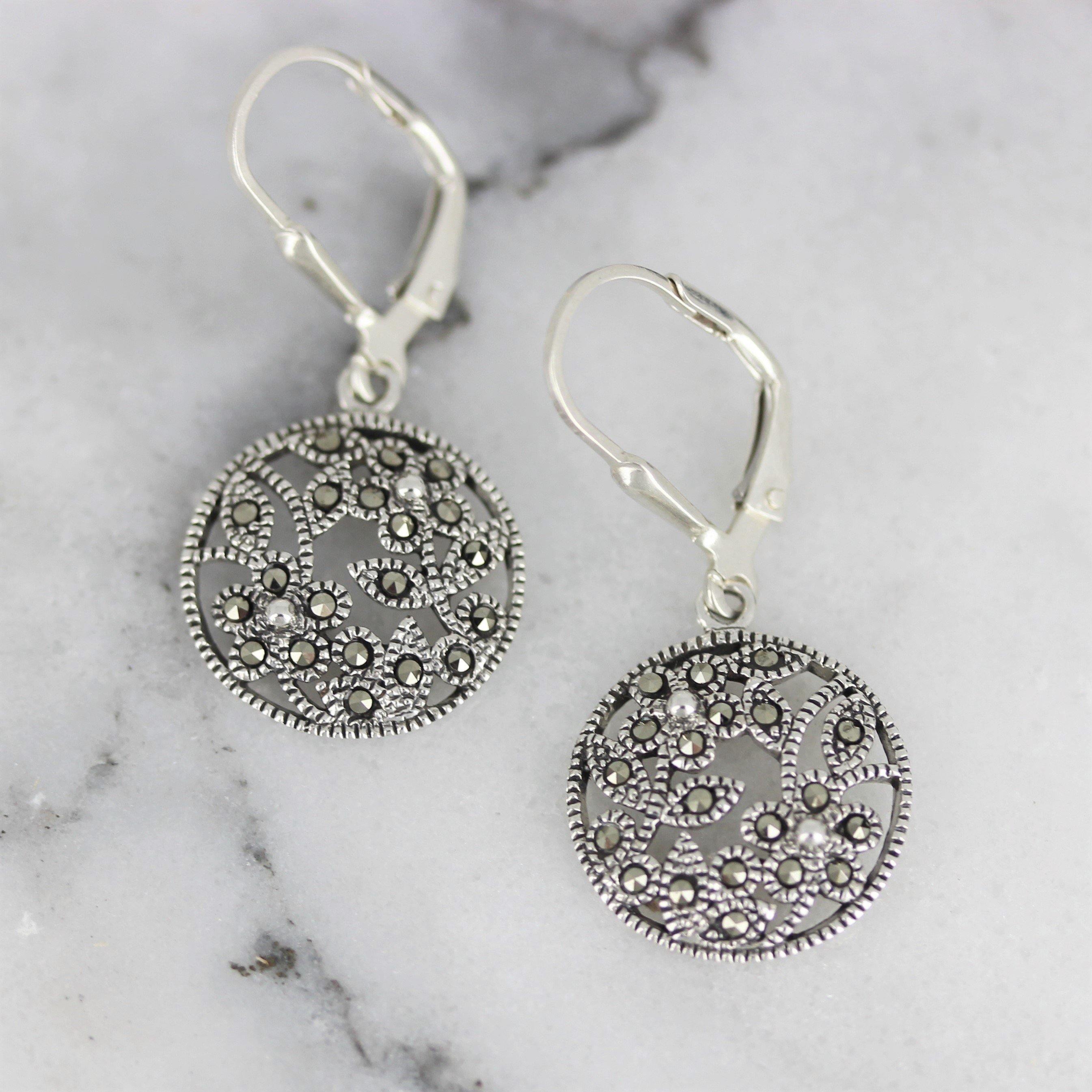 Sterling Silver Marcasite 15mm Round Floral Leverback Drop Earrings - STERLING SILVER DESIGNS