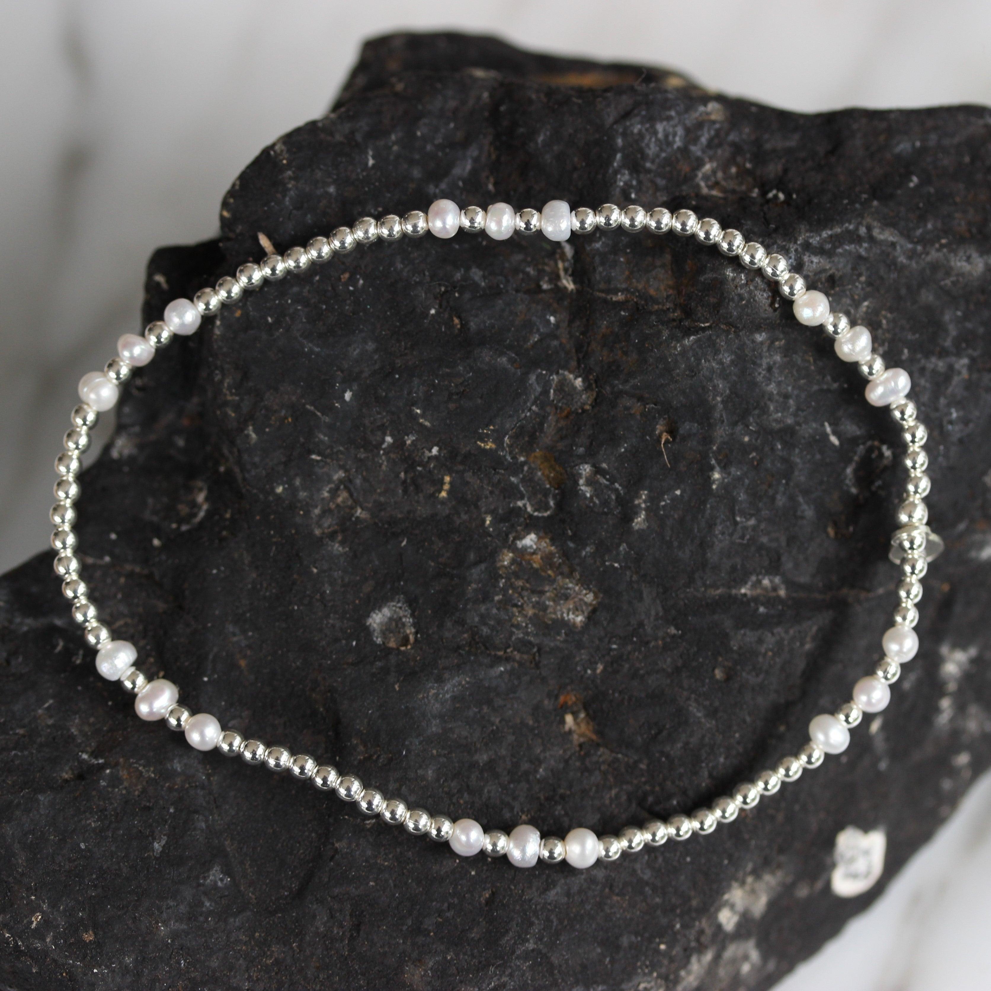 Sterling Silver 2 x 3mm Small Bead Balls & Pearl 18cm Stretch Bracelet - STERLING SILVER DESIGNS