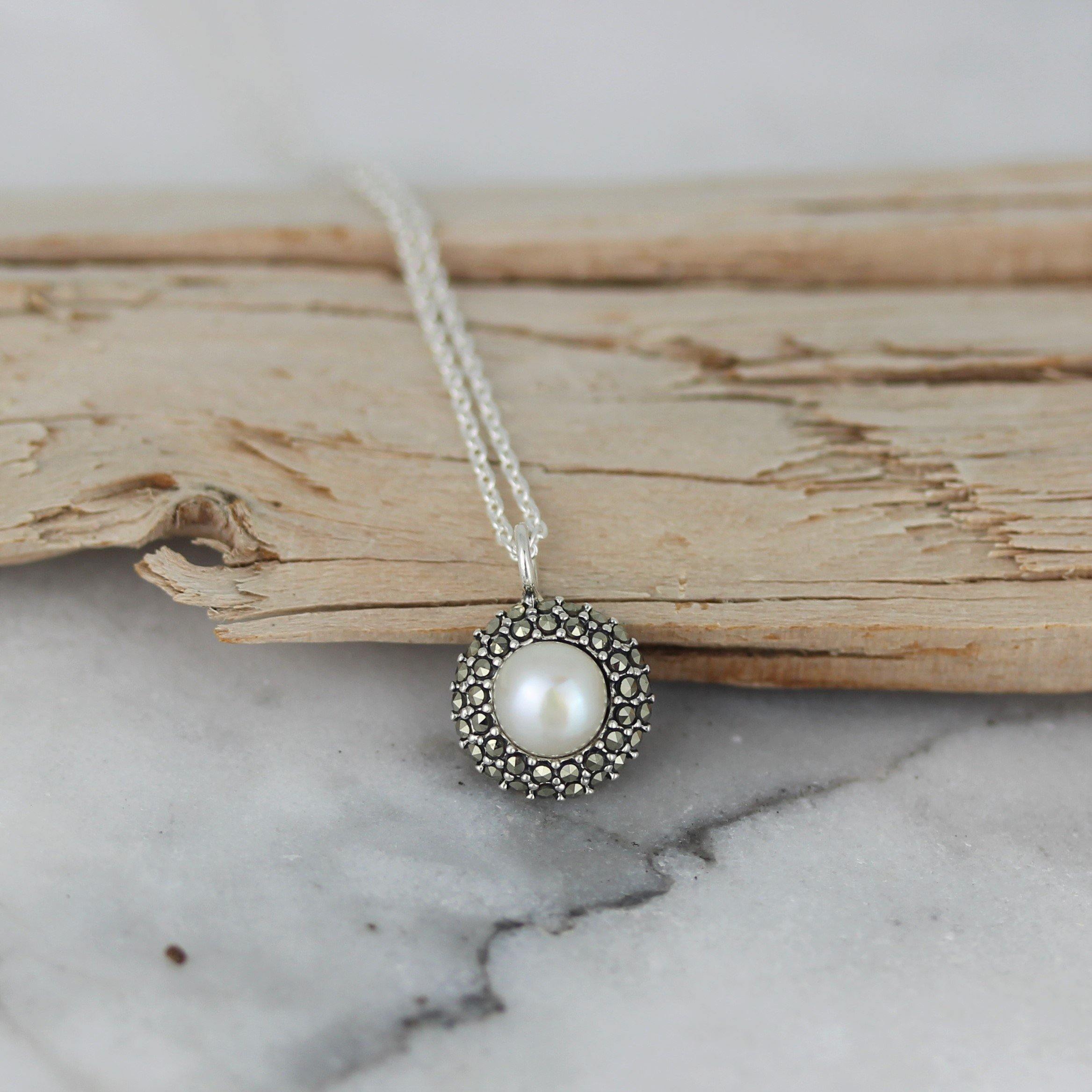 Sterling Silver Marcasite & Fresh Water Pearl Halo Pendant Necklace - STERLING SILVER DESIGNS