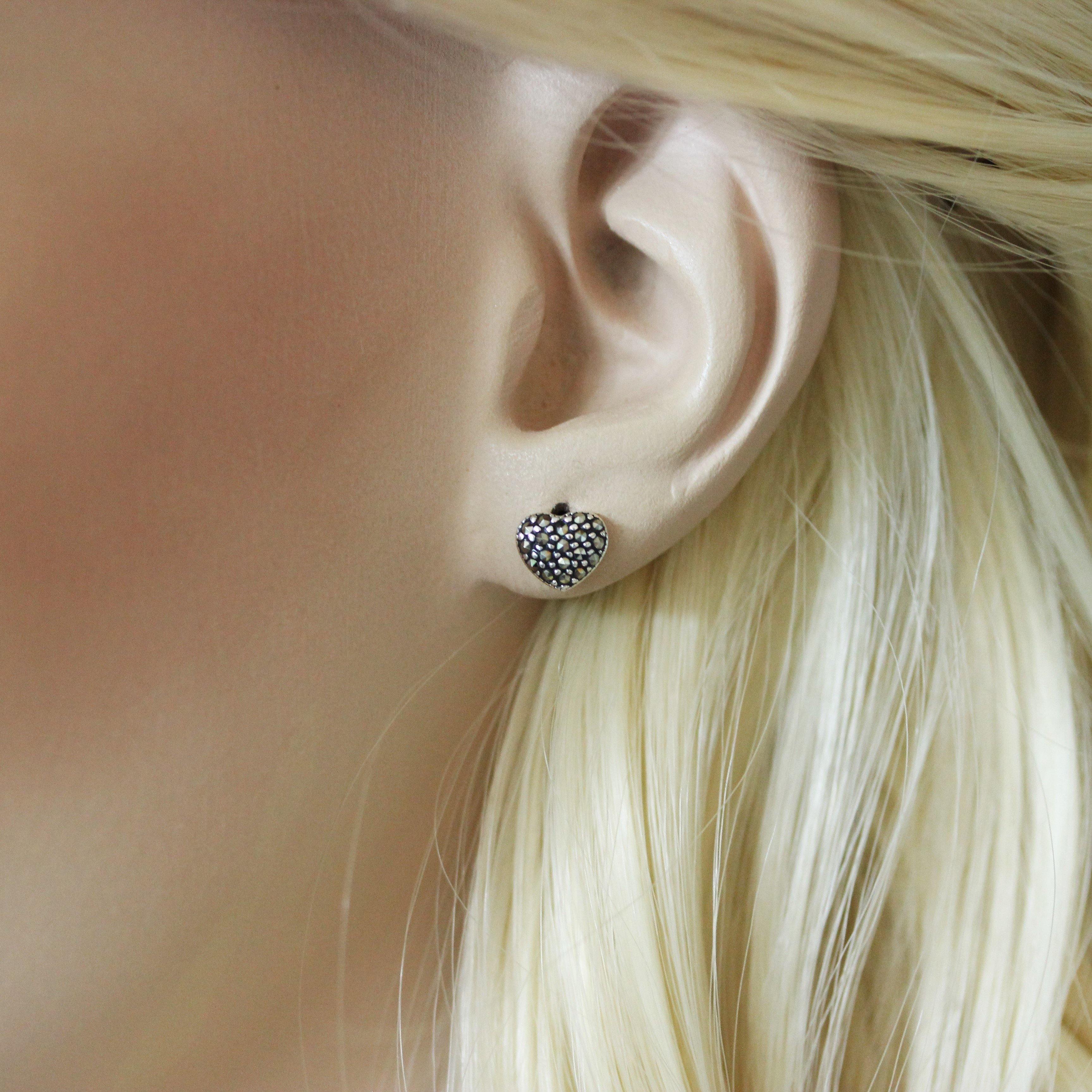 Sterling Silver Marcasite Vintage Style Small Heart Stud Earrings - STERLING SILVER DESIGNS