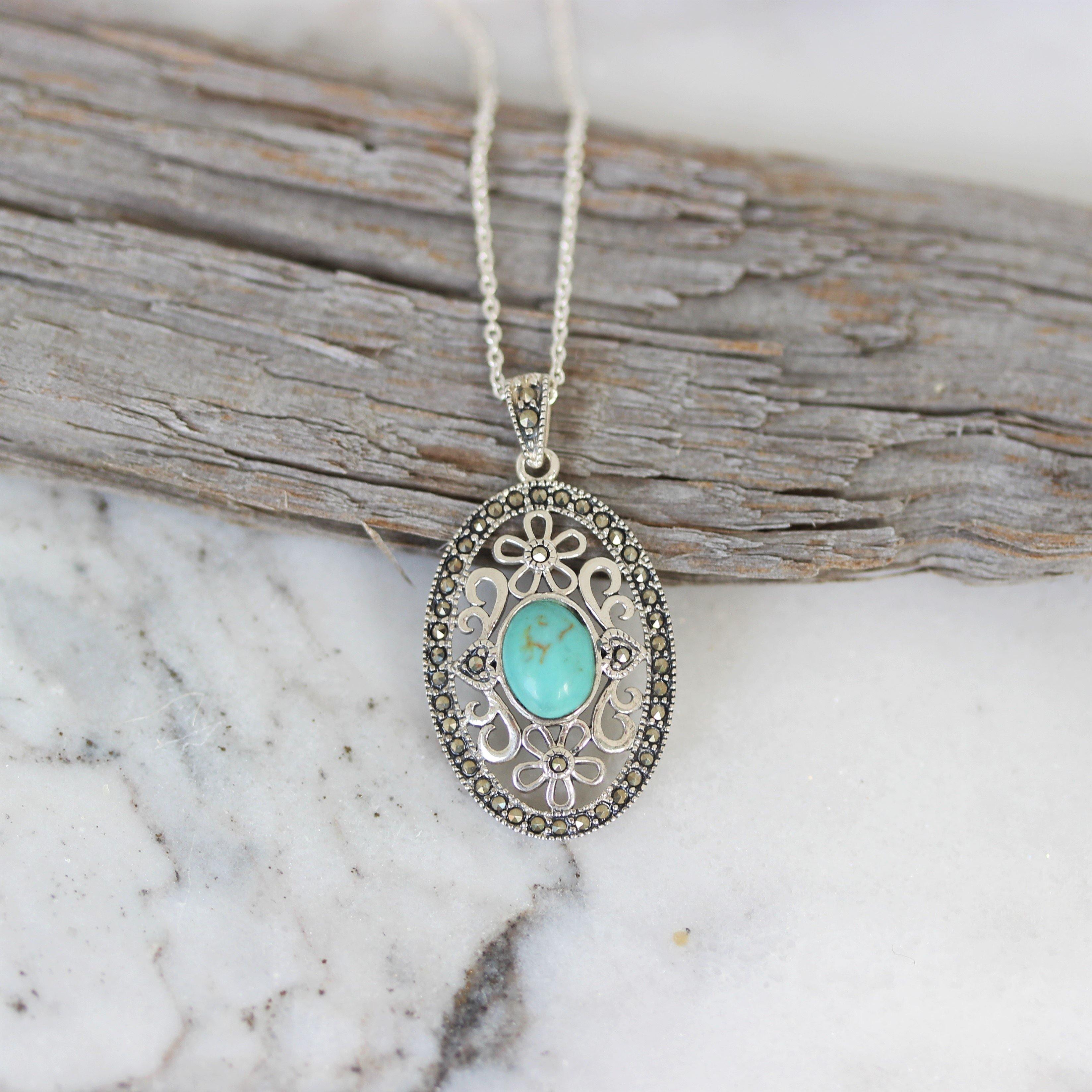 Sterling Silver Marcasite & Turquoise Oval Pendant Necklace 42cm - STERLING SILVER DESIGNS