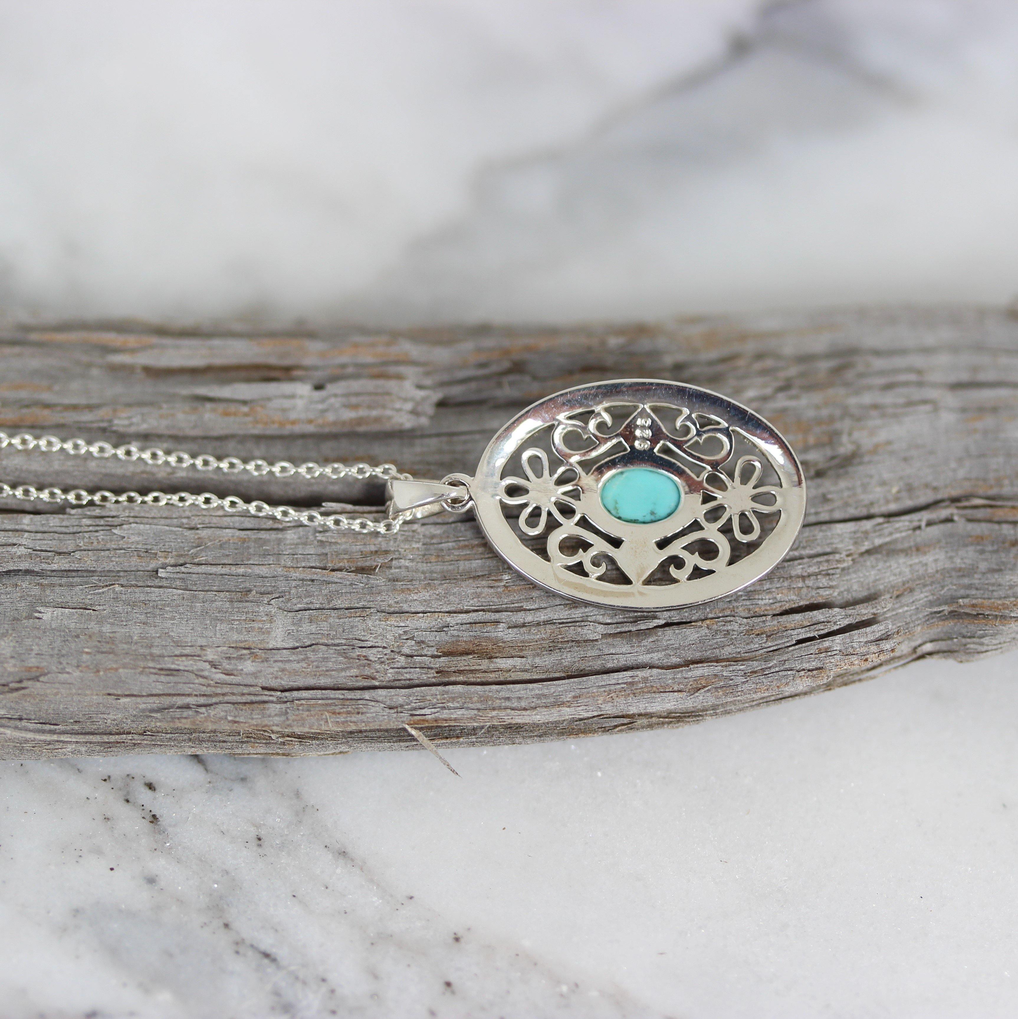 Sterling Silver Marcasite & Turquoise Oval Pendant Necklace 42cm - STERLING SILVER DESIGNS