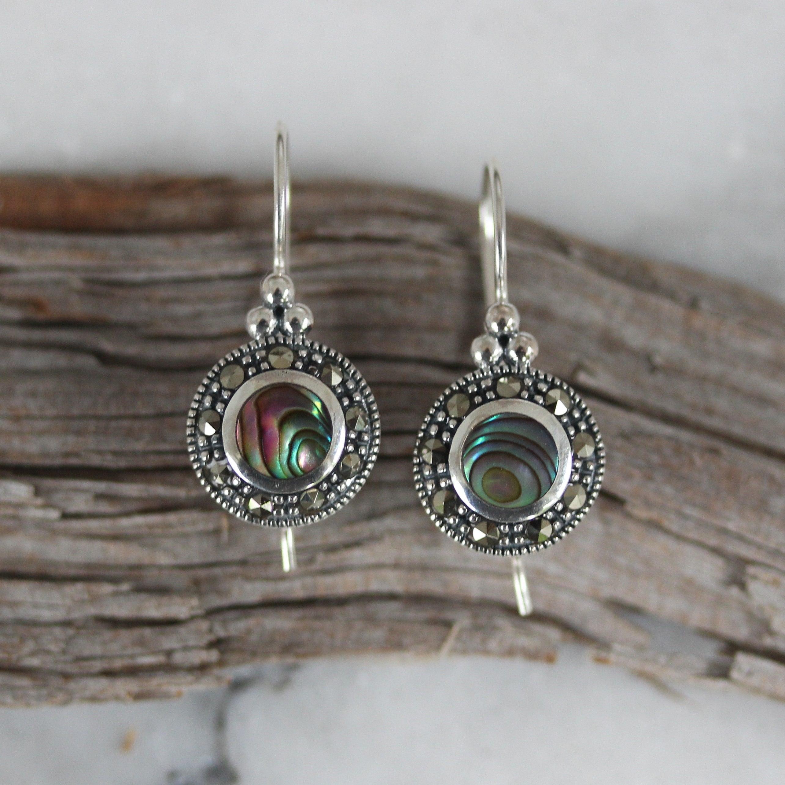 Sterling Silver Marcasite & Abalone Shell Round French Hook Drop Earrings - STERLING SILVER DESIGNS
