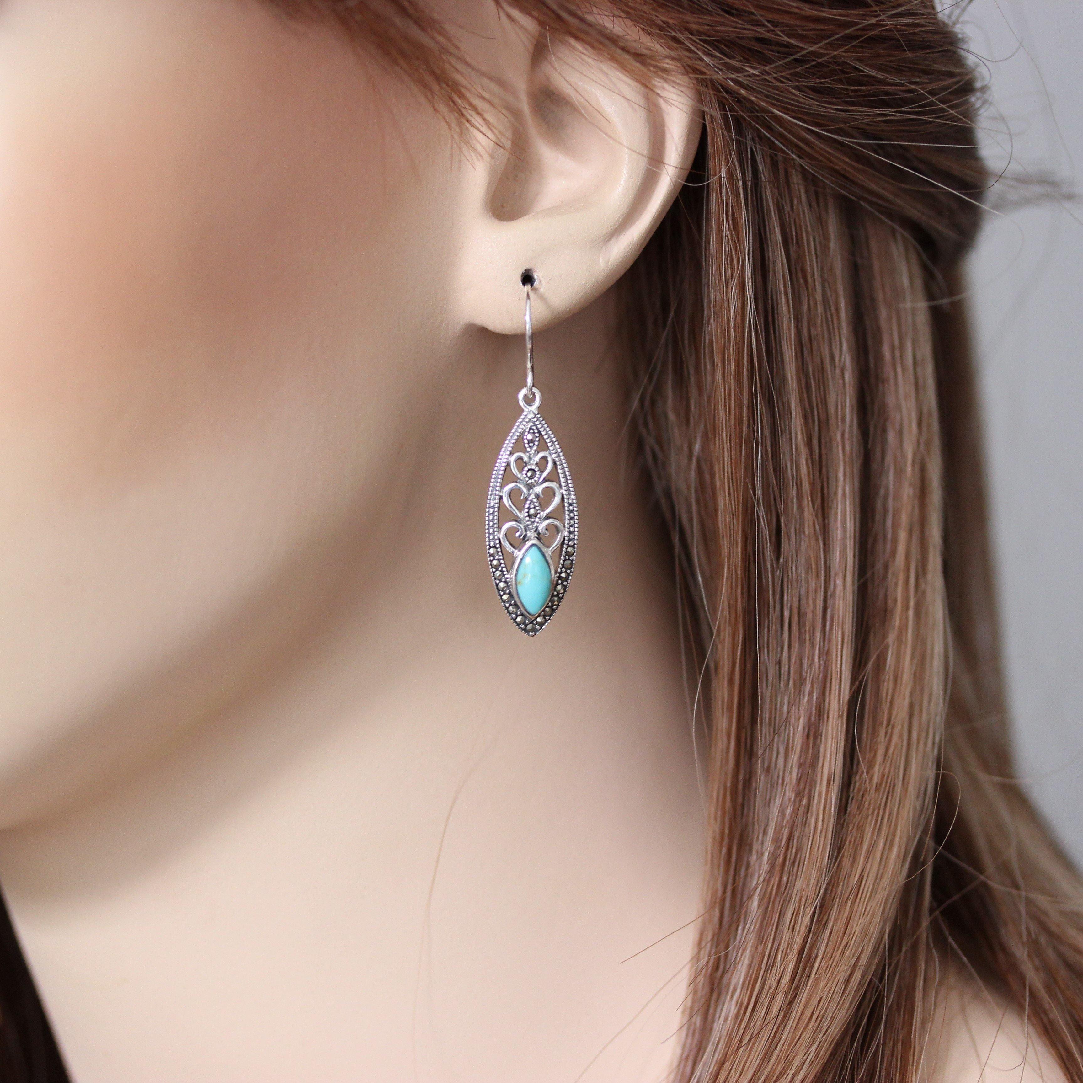 Sterling Silver Marcasite & Turquoise Marquise Shape Drop Hook Earrings - STERLING SILVER DESIGNS