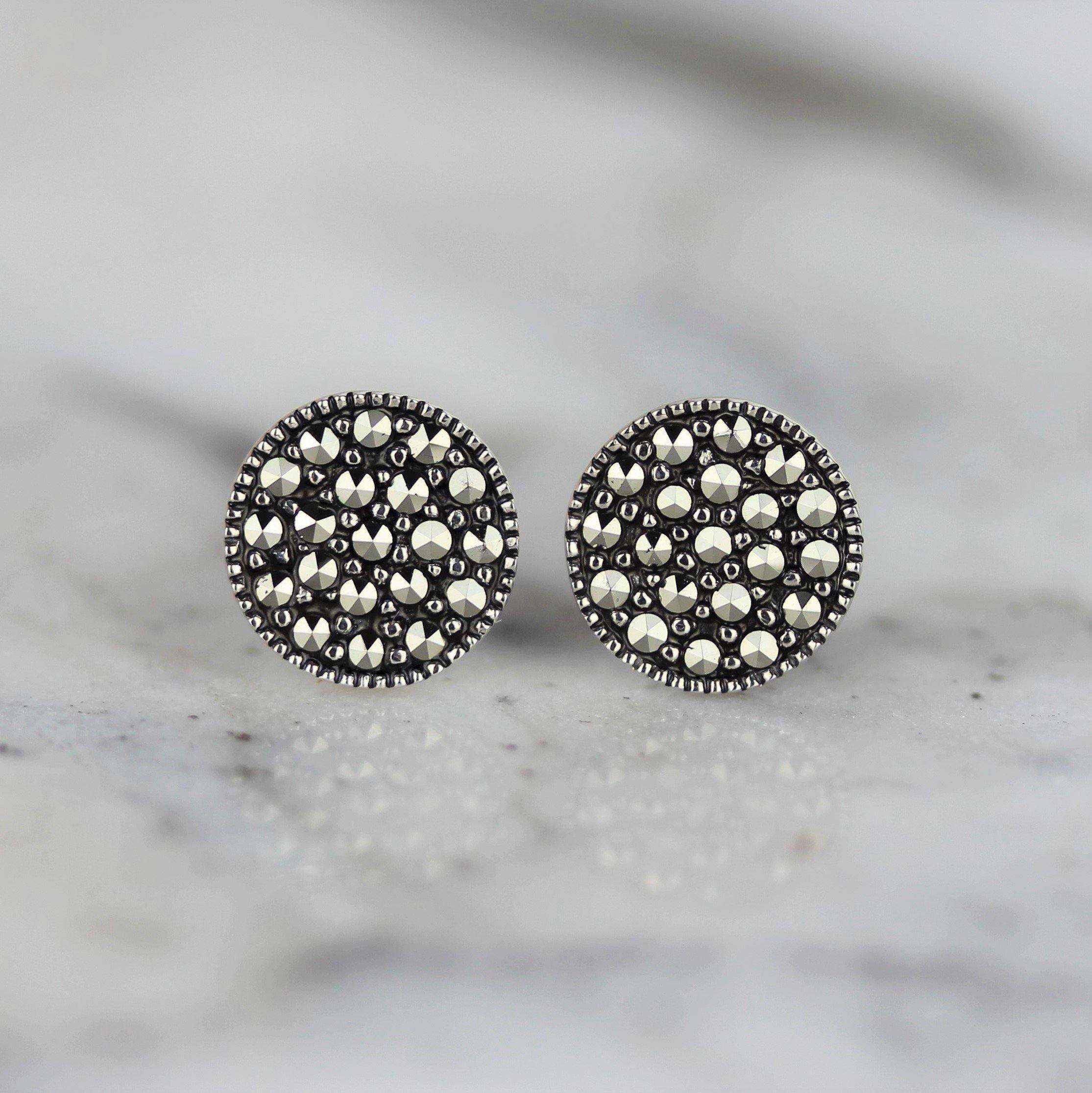 Sterling Silver Marcasite 9mm Round Disc Stud Earrings - STERLING SILVER DESIGNS