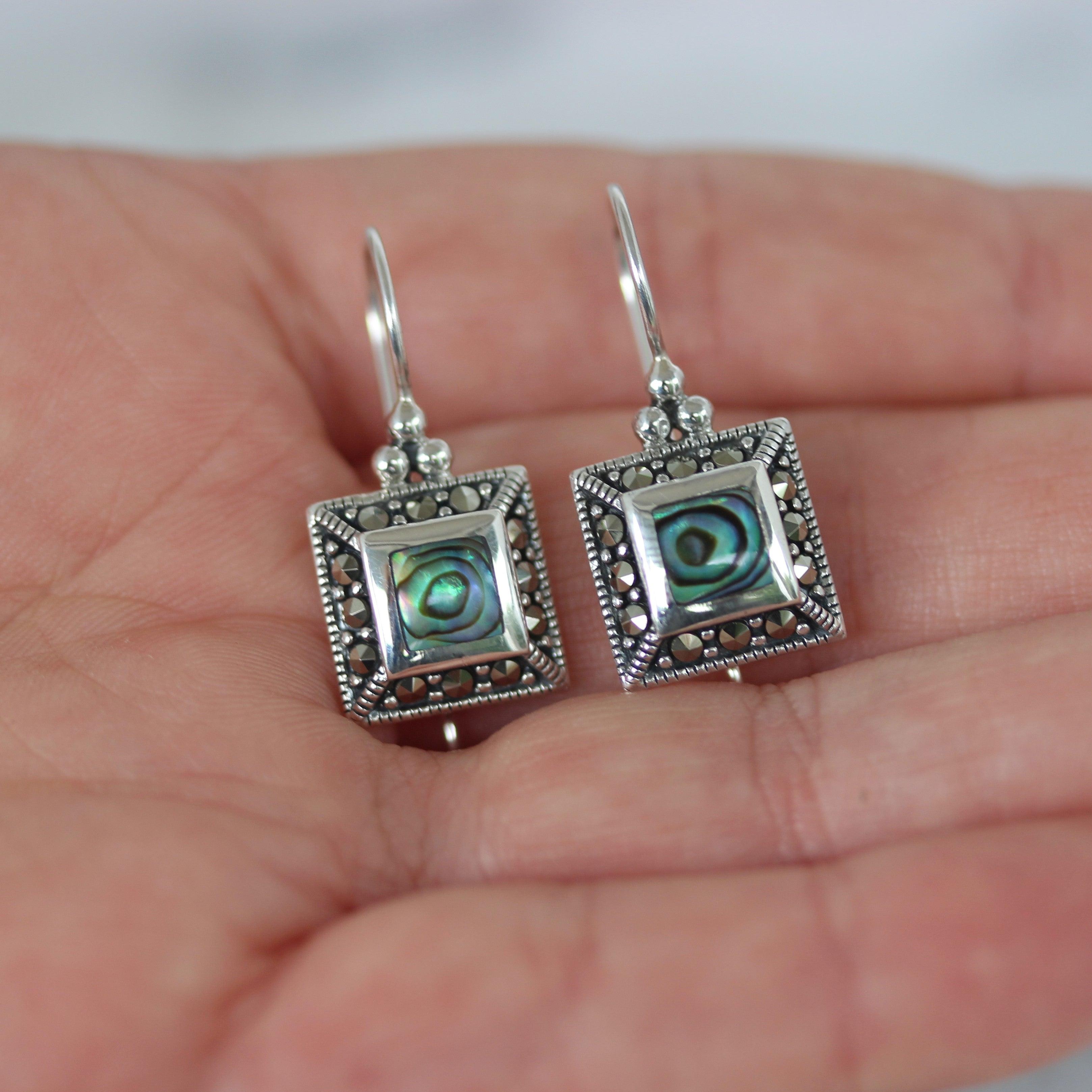 Sterling Silver Marcasite & Abalone Shell Square Shape French Hook Drop Earrings - STERLING SILVER DESIGNS