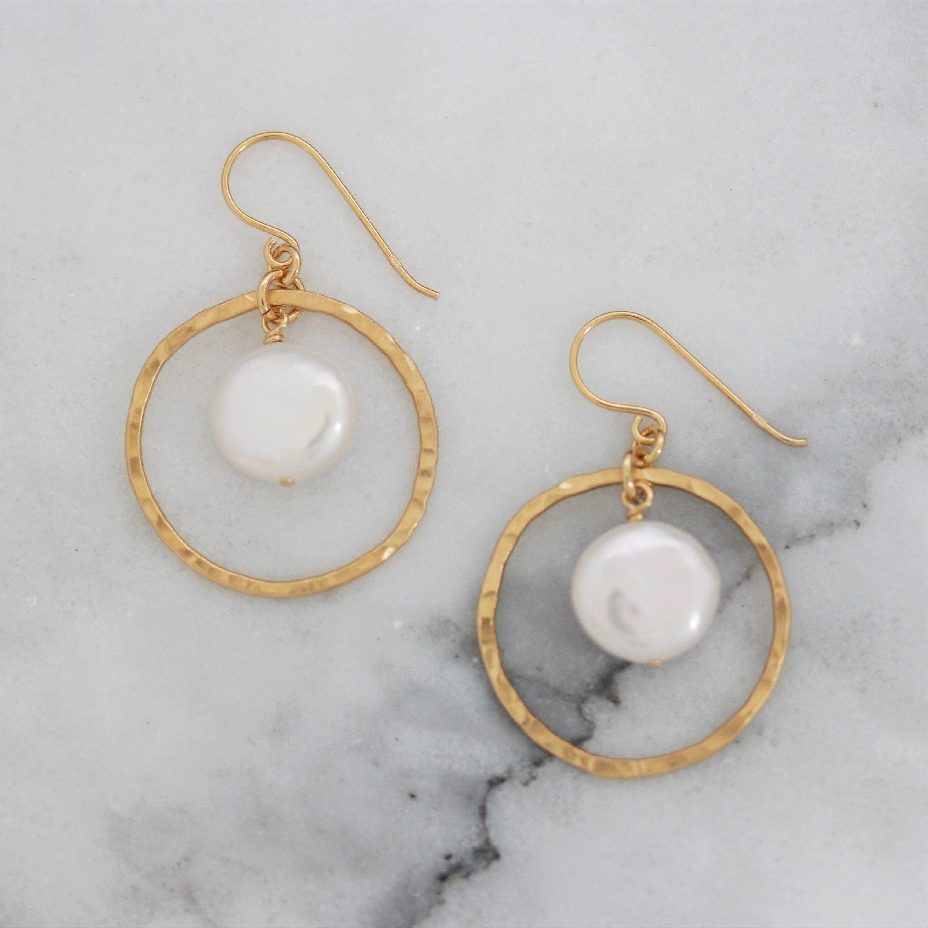Sterling Silver Yellow Gold Plated Hammered Fresh Water Pearl Drop Earrings - STERLING SILVER DESIGNS