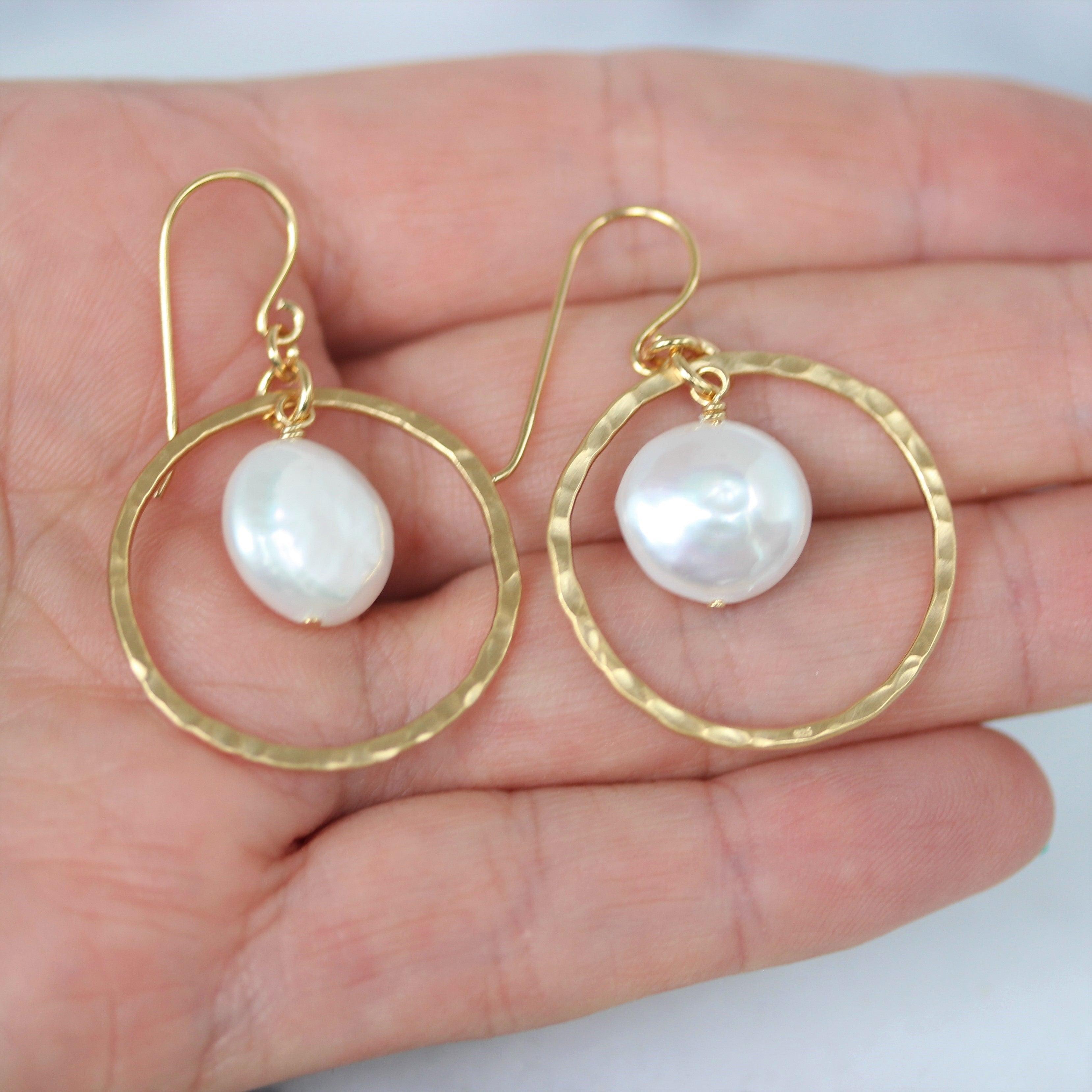 Sterling Silver Yellow Gold Plated Hammered Fresh Water Pearl Drop Earrings - STERLING SILVER DESIGNS