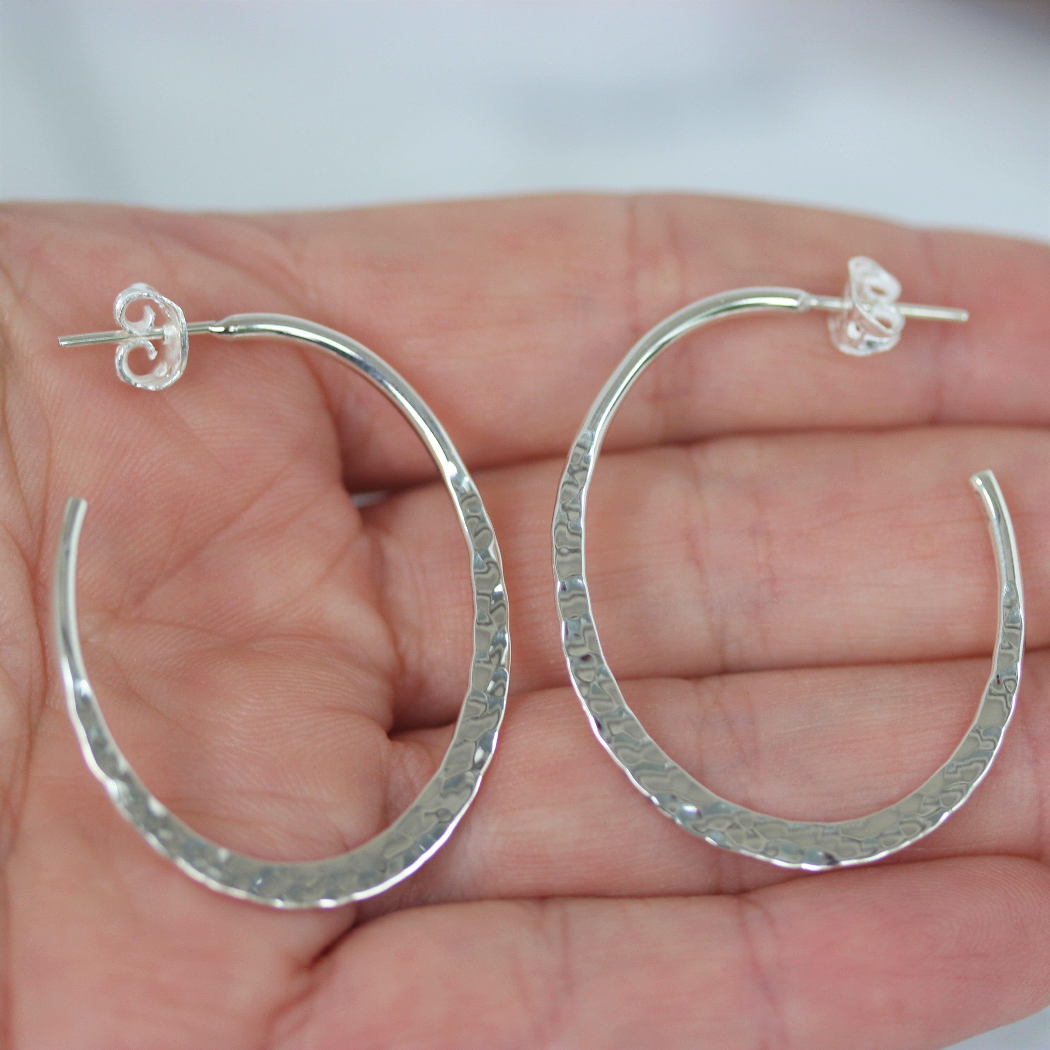 Sterling Silver Open Hoop Hammered Finish Drop Earrings - STERLING SILVER DESIGNS