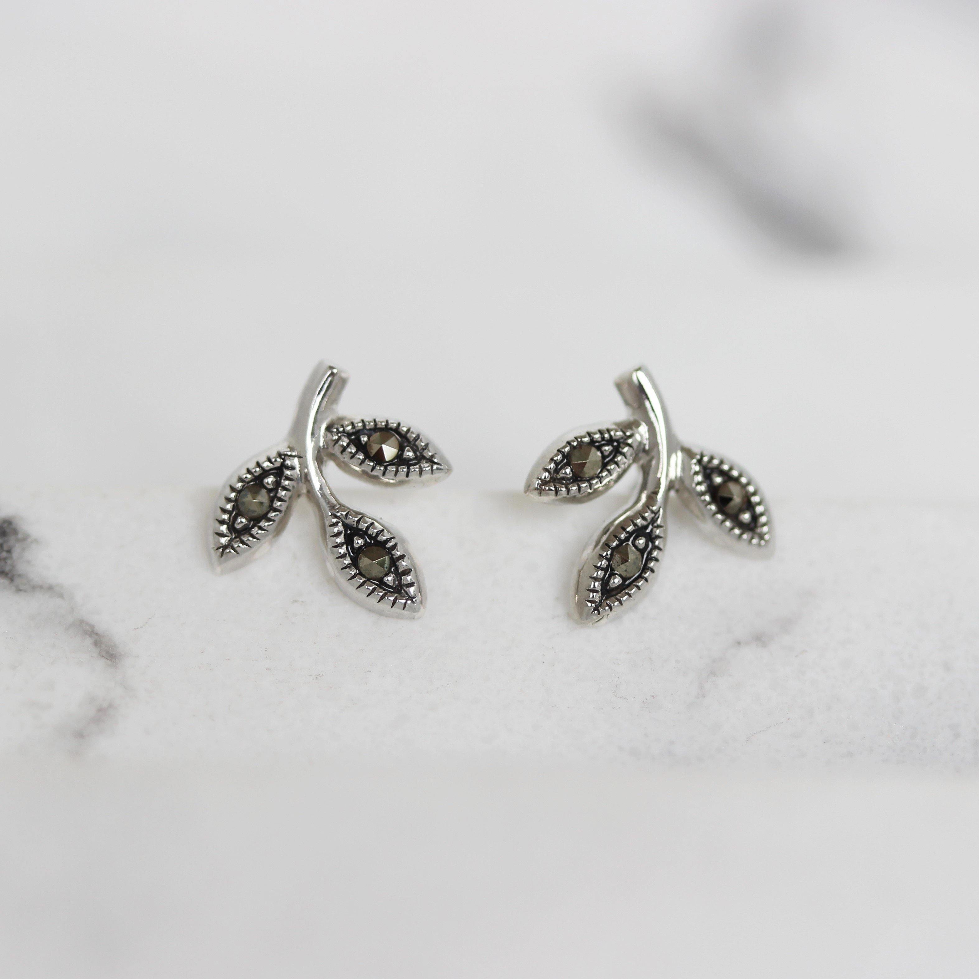 Sterling Silver Marcasite 3 Leaf Stud Earrings - STERLING SILVER DESIGNS
