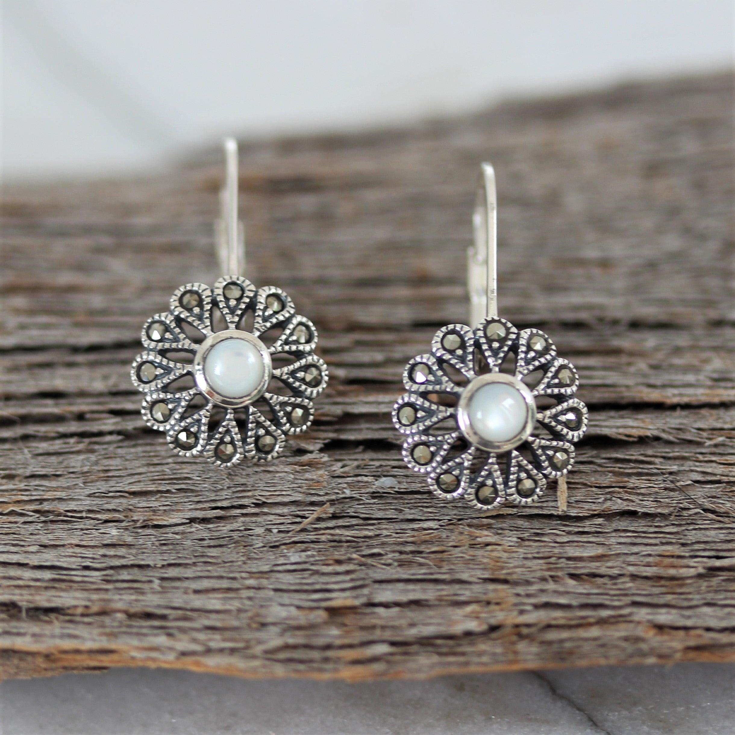 Sterling Silver Marcasite & Mother Of Pearl Floral Leverback Drop Earrings - STERLING SILVER DESIGNS
