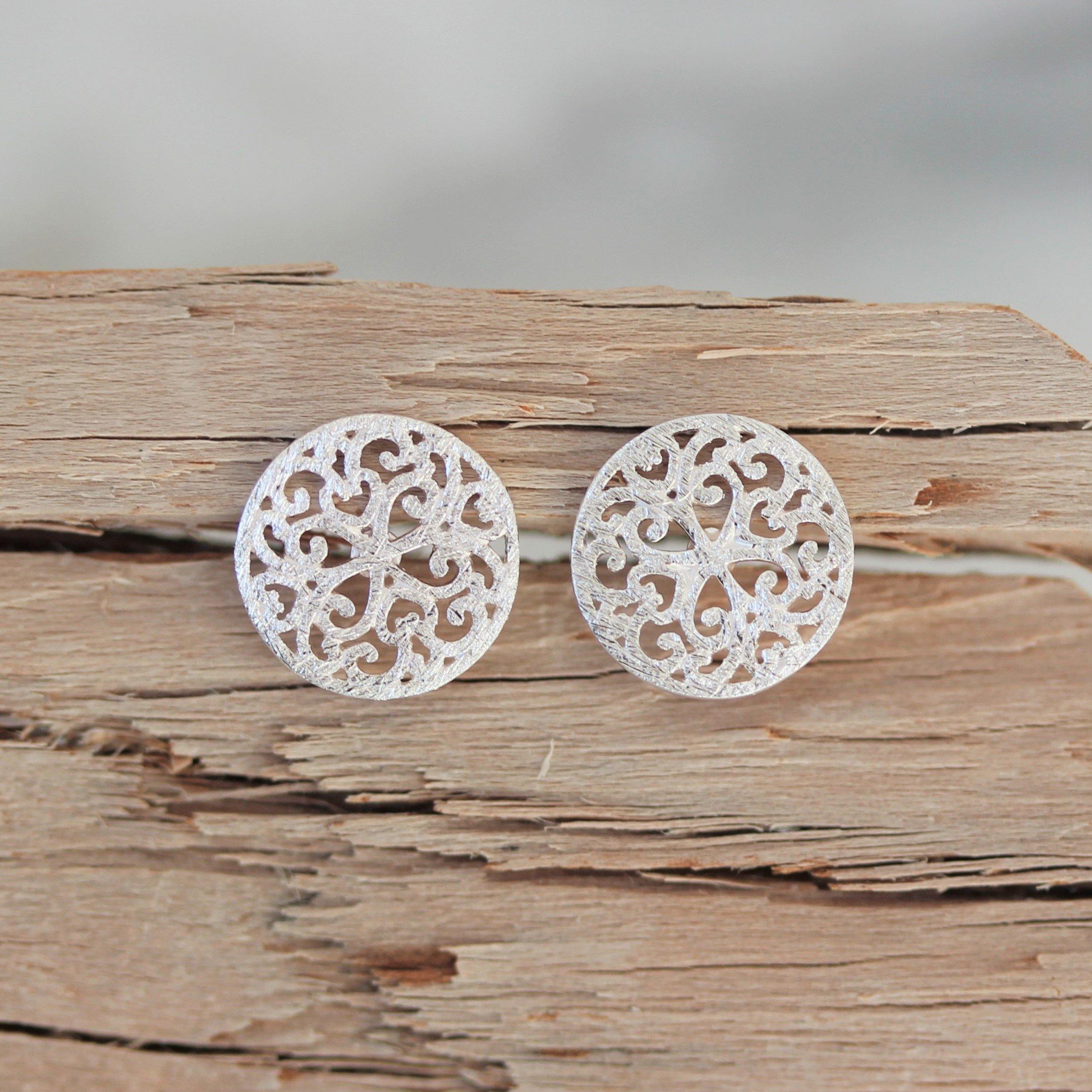 Sterling Silver 10mm Round Filigree Matte Finish Stud Earrings - STERLING SILVER DESIGNS