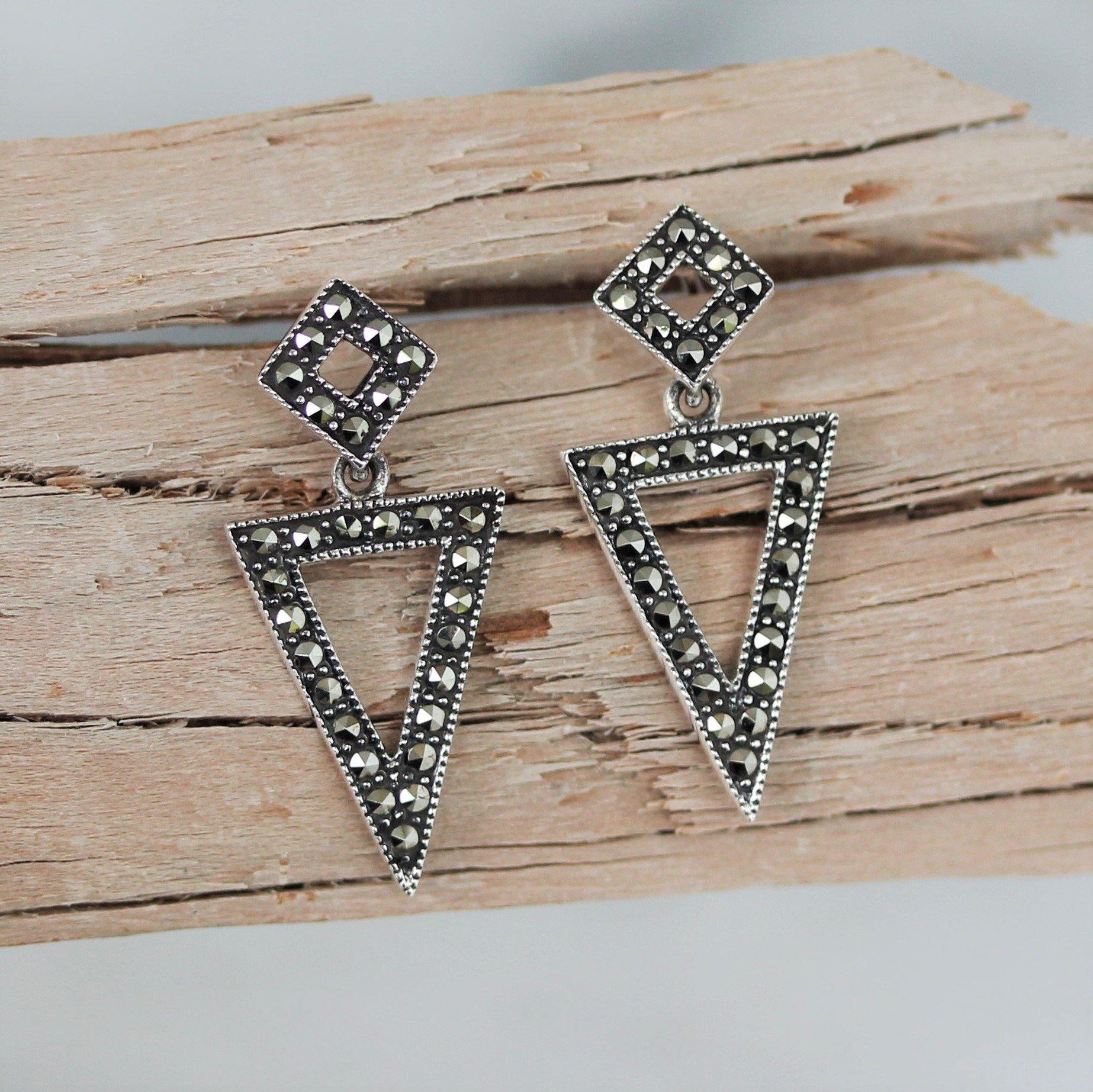 Sterling Silver Marcasite Geometric Triangle Drop Earrings - STERLING SILVER DESIGNS