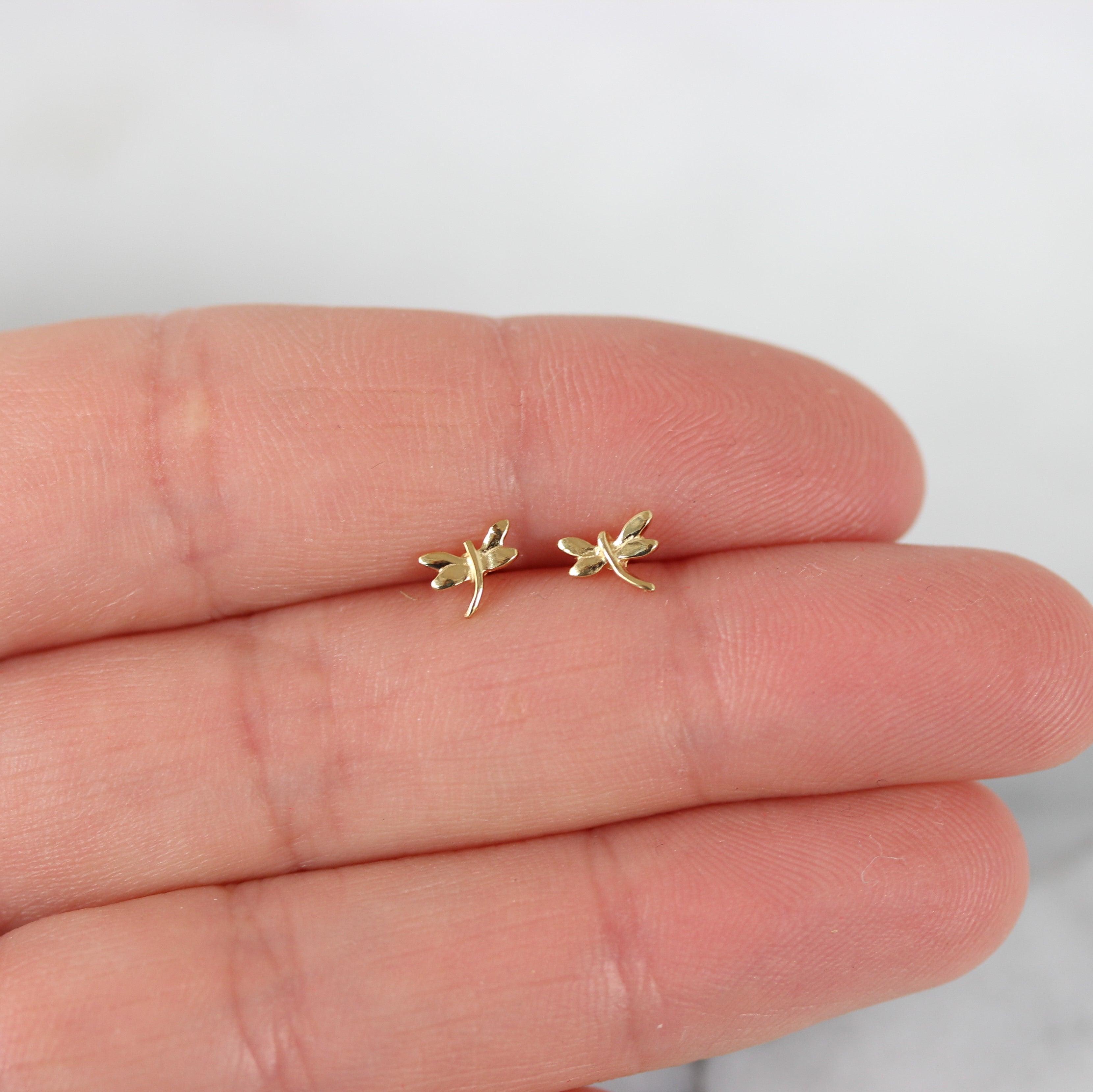 Sterling Silver Yellow Gold Plated Small Tiny Dragonfly Stud Earrings - STERLING SILVER DESIGNS