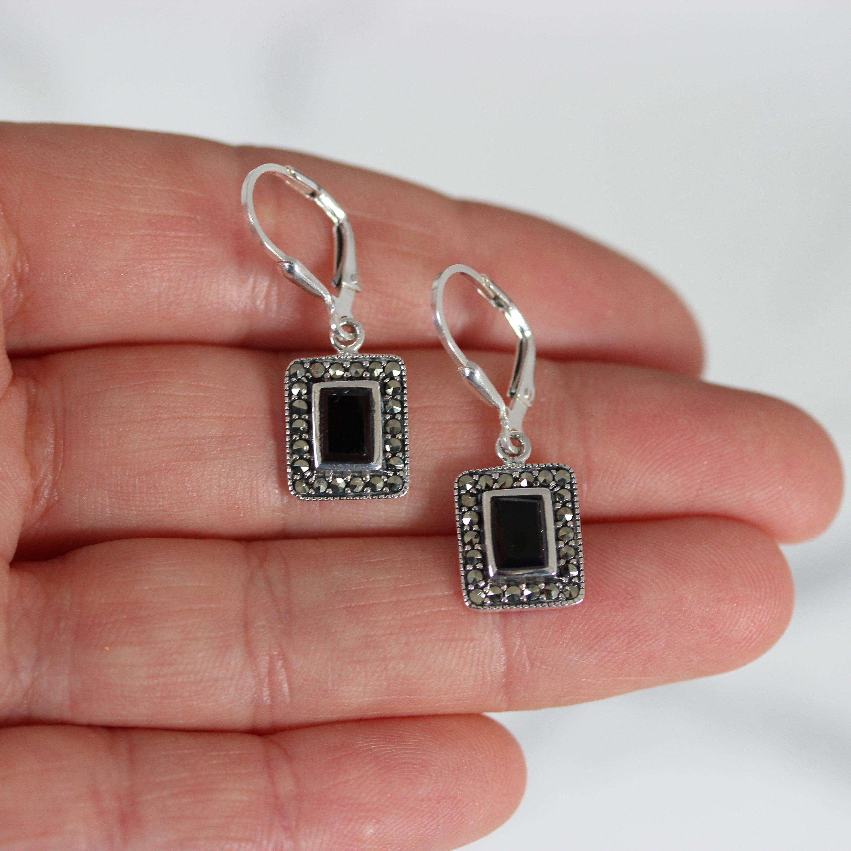 Sterling Silver Marcasite & Black Onyx Halo Rectangle Leverback Drop Earrings - STERLING SILVER DESIGNS