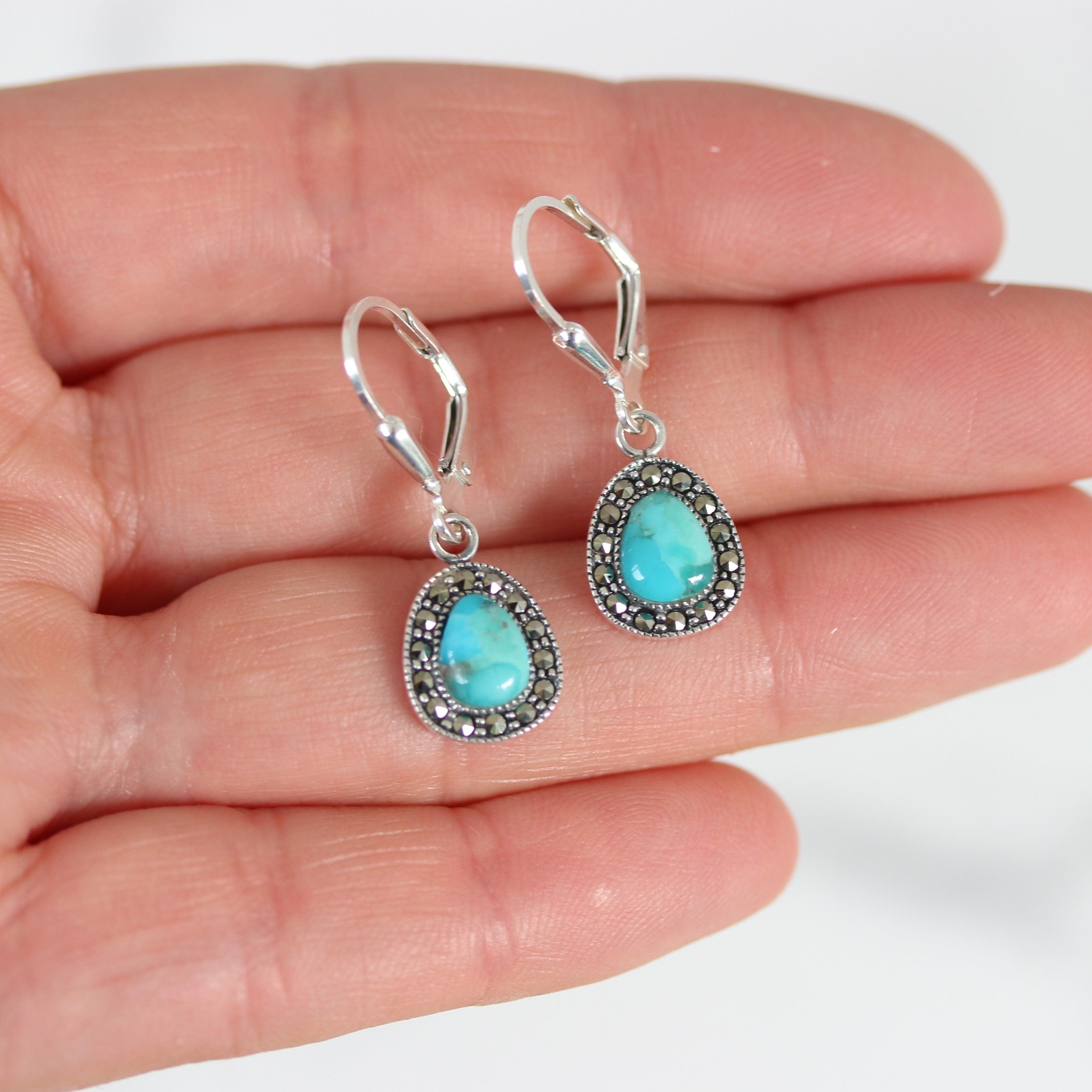 Sterling Silver Marcasite & Turquoise Pear Shape Leverback Drop Earrings - STERLING SILVER DESIGNS