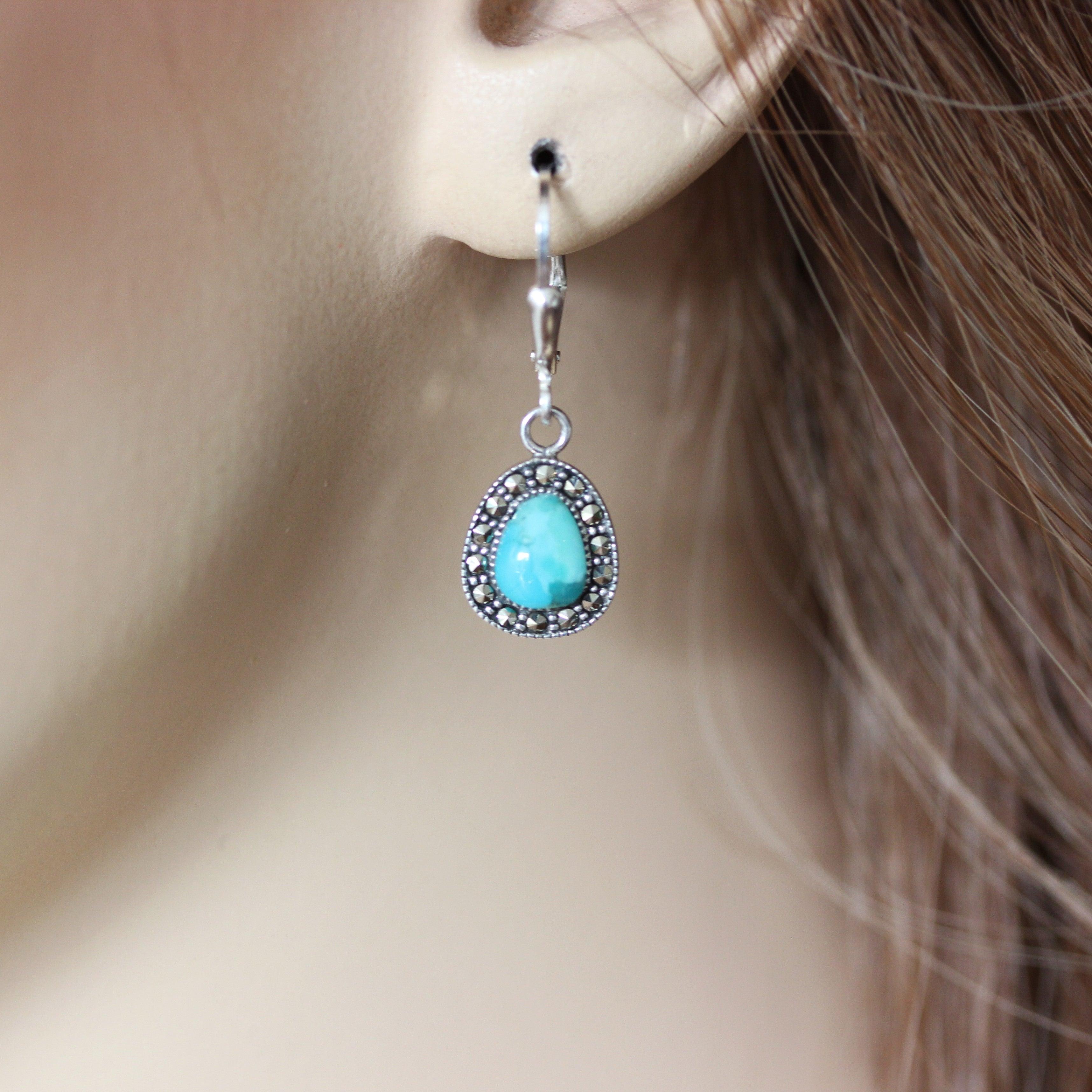 Sterling Silver Marcasite & Turquoise Pear Shape Leverback Drop Earrings - STERLING SILVER DESIGNS