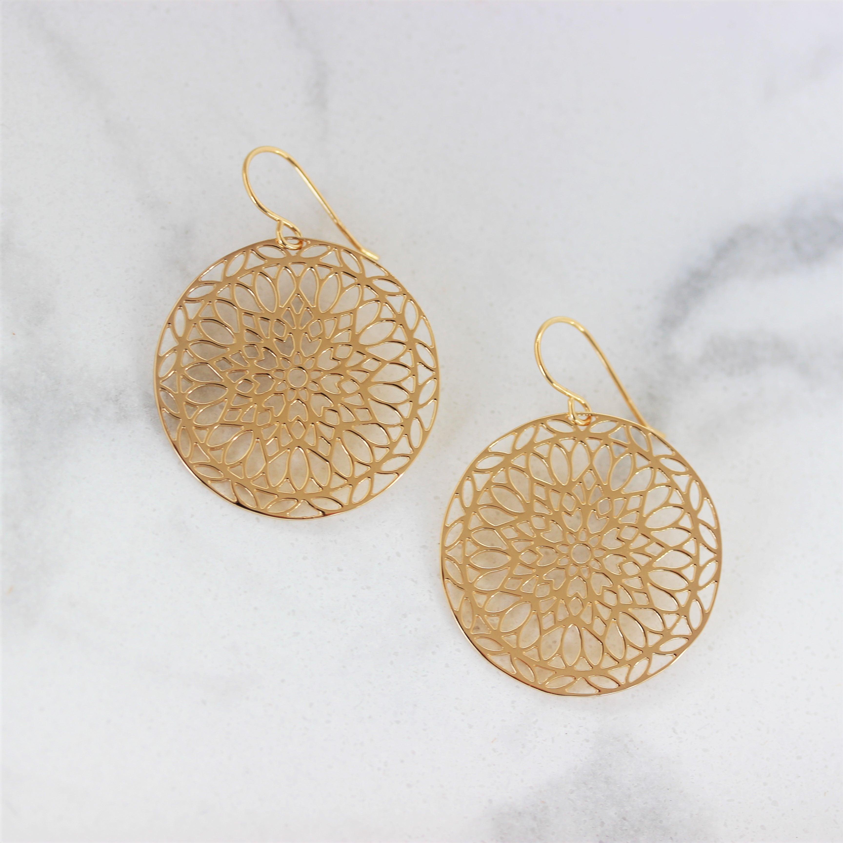 Sterling Silver Yellow Gold Cut Out Geometric Round Drop Earrings - STERLING SILVER DESIGNS