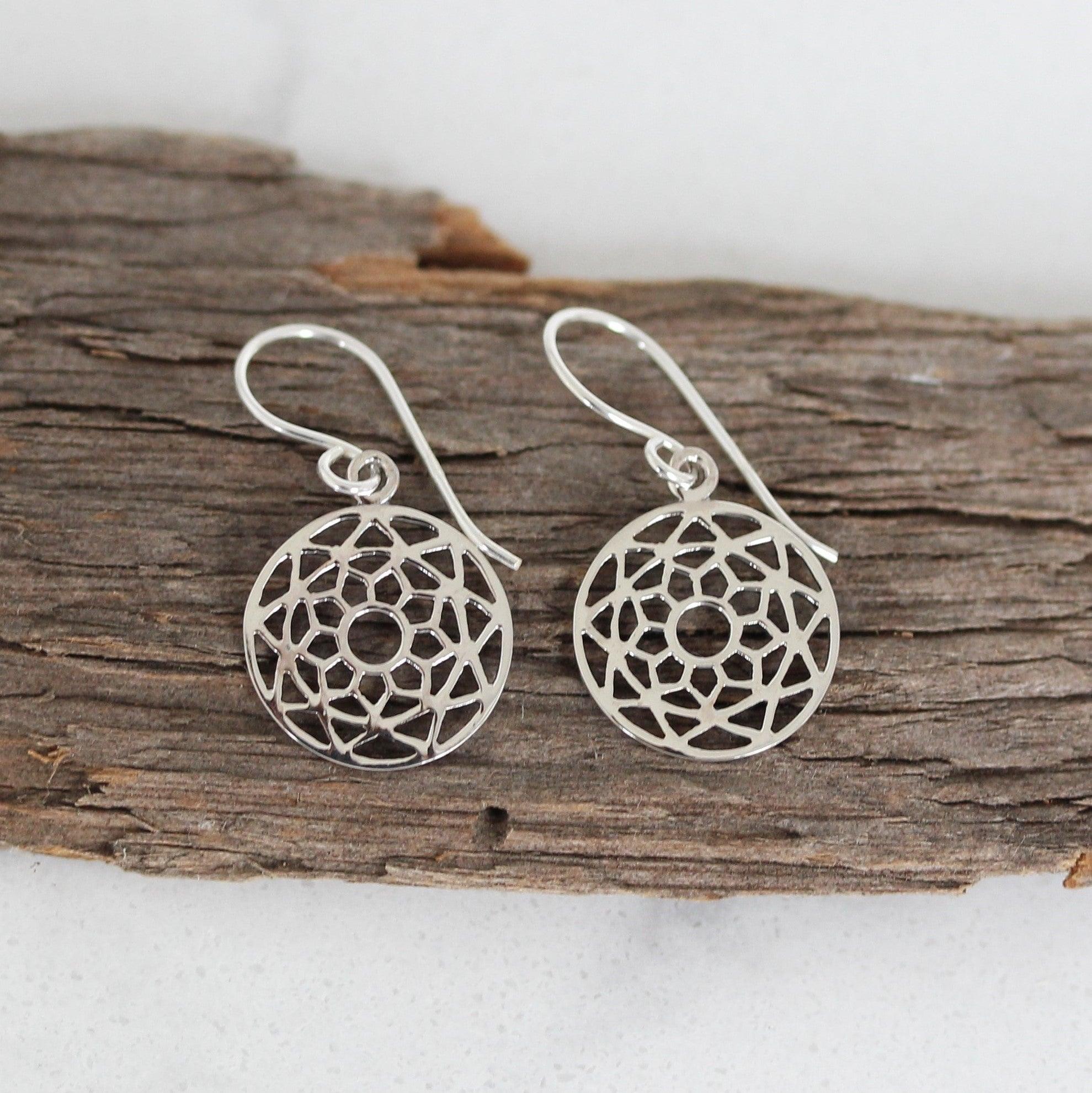 Sterling Silver Cut Out Geometric 14mm Round Drop Earrings - STERLING SILVER DESIGNS