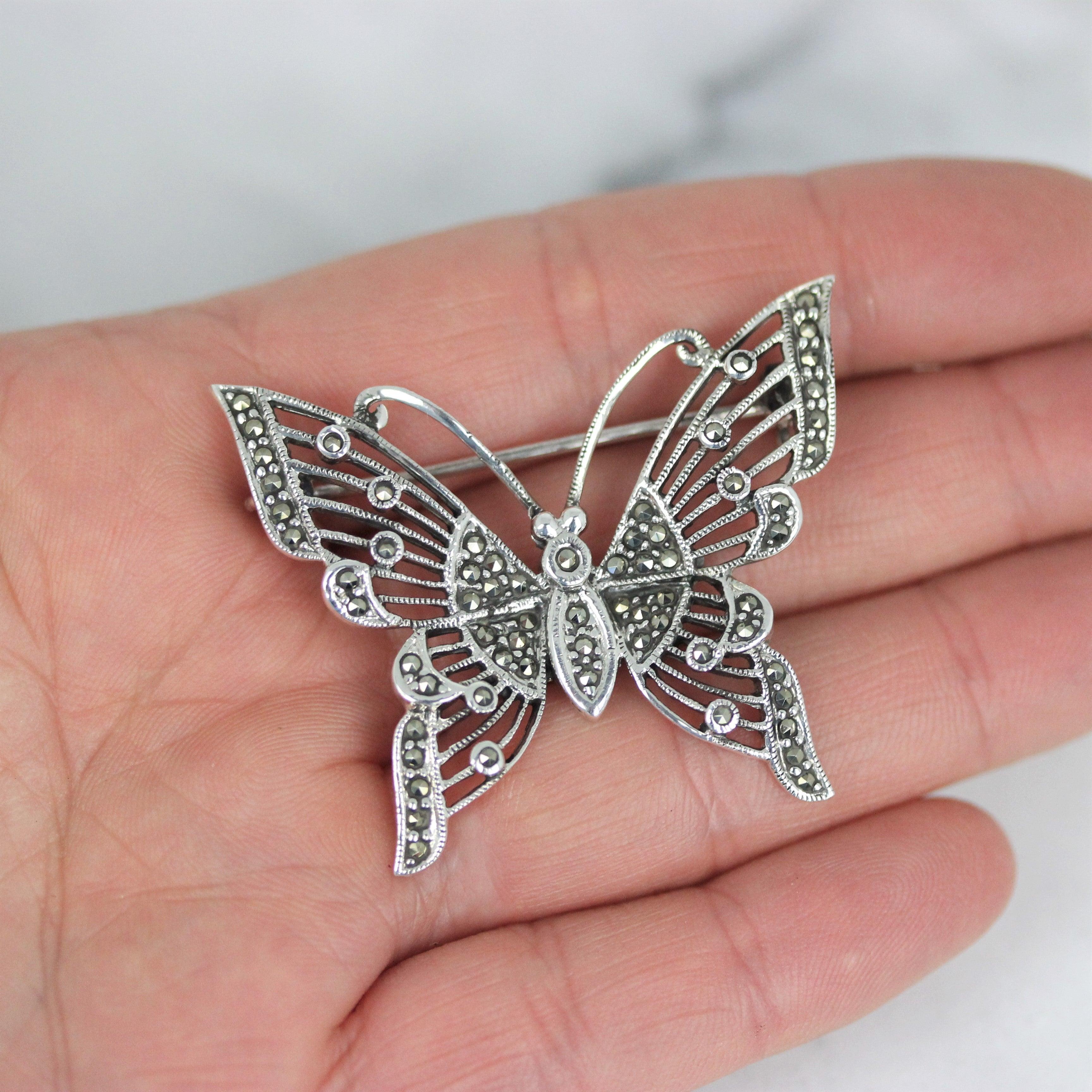 Sterling Silver Big Butterfly Marcasite Vintage Inspired Brooch Pin - STERLING SILVER DESIGNS