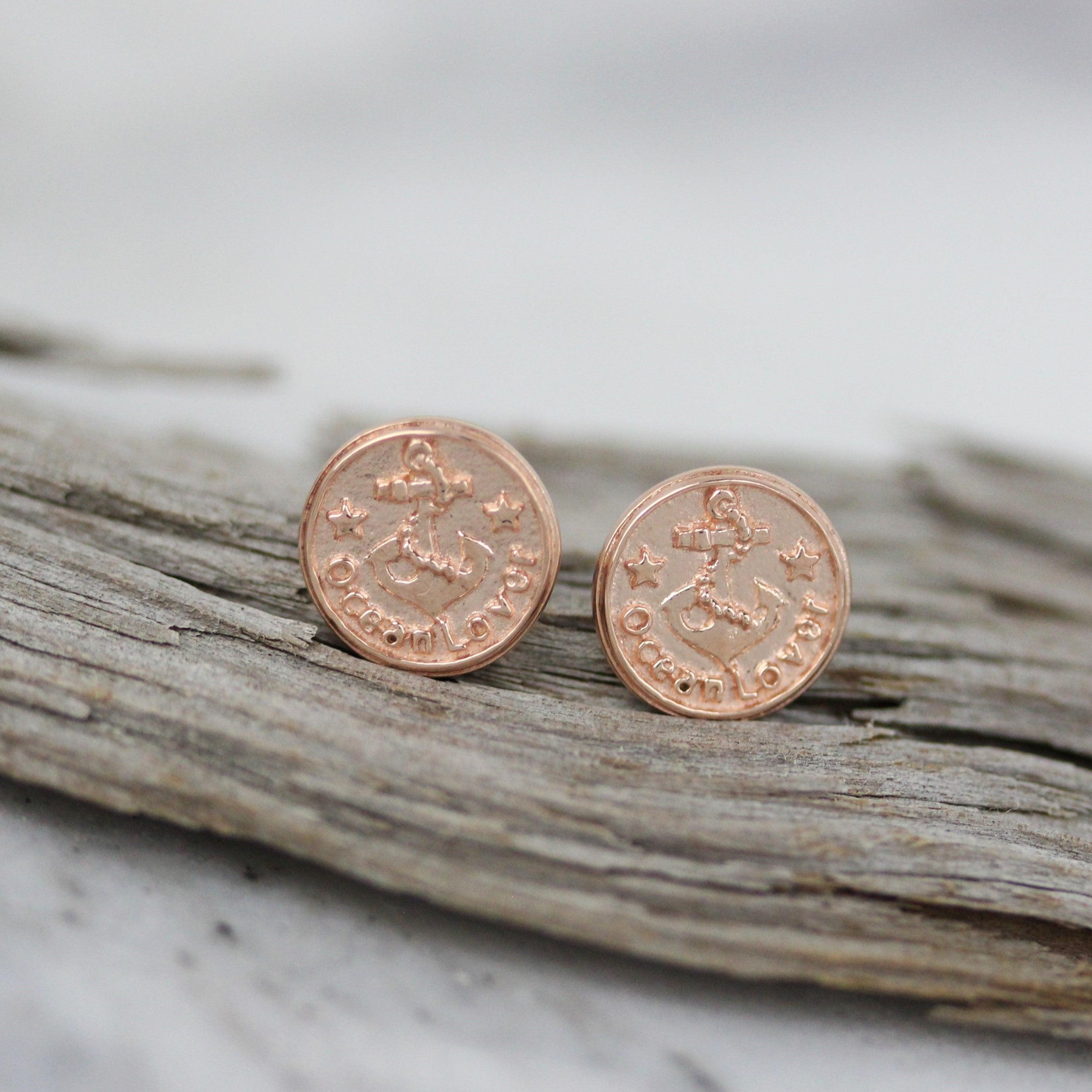 Sterling Silver Rose Gold Plated 10mm Round Anchor Medallion Stud Earrings - STERLING SILVER DESIGNS