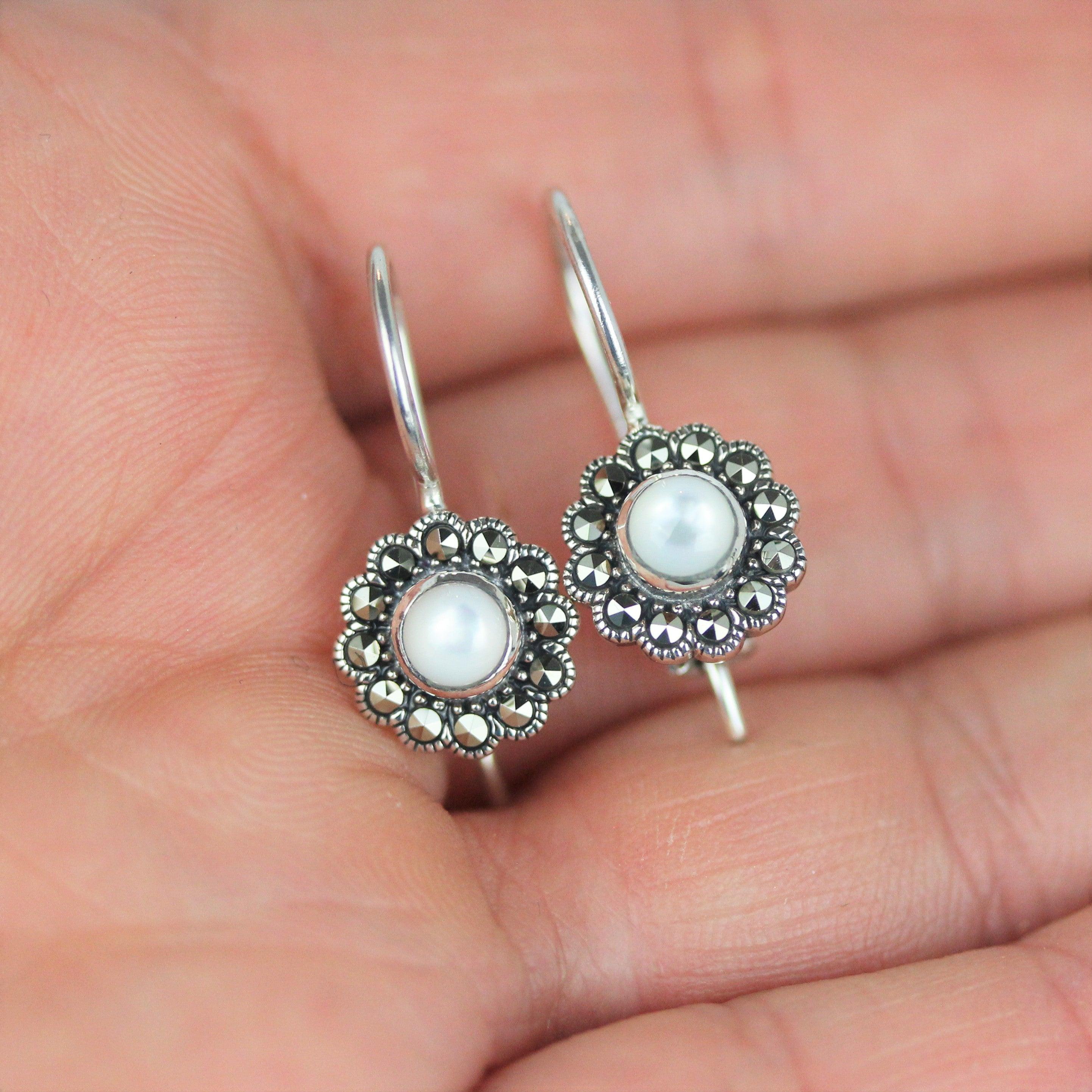 Sterling Silver Marcasite & Mother Of Pearl 10mm French Hook Drop Earrings - STERLING SILVER DESIGNS