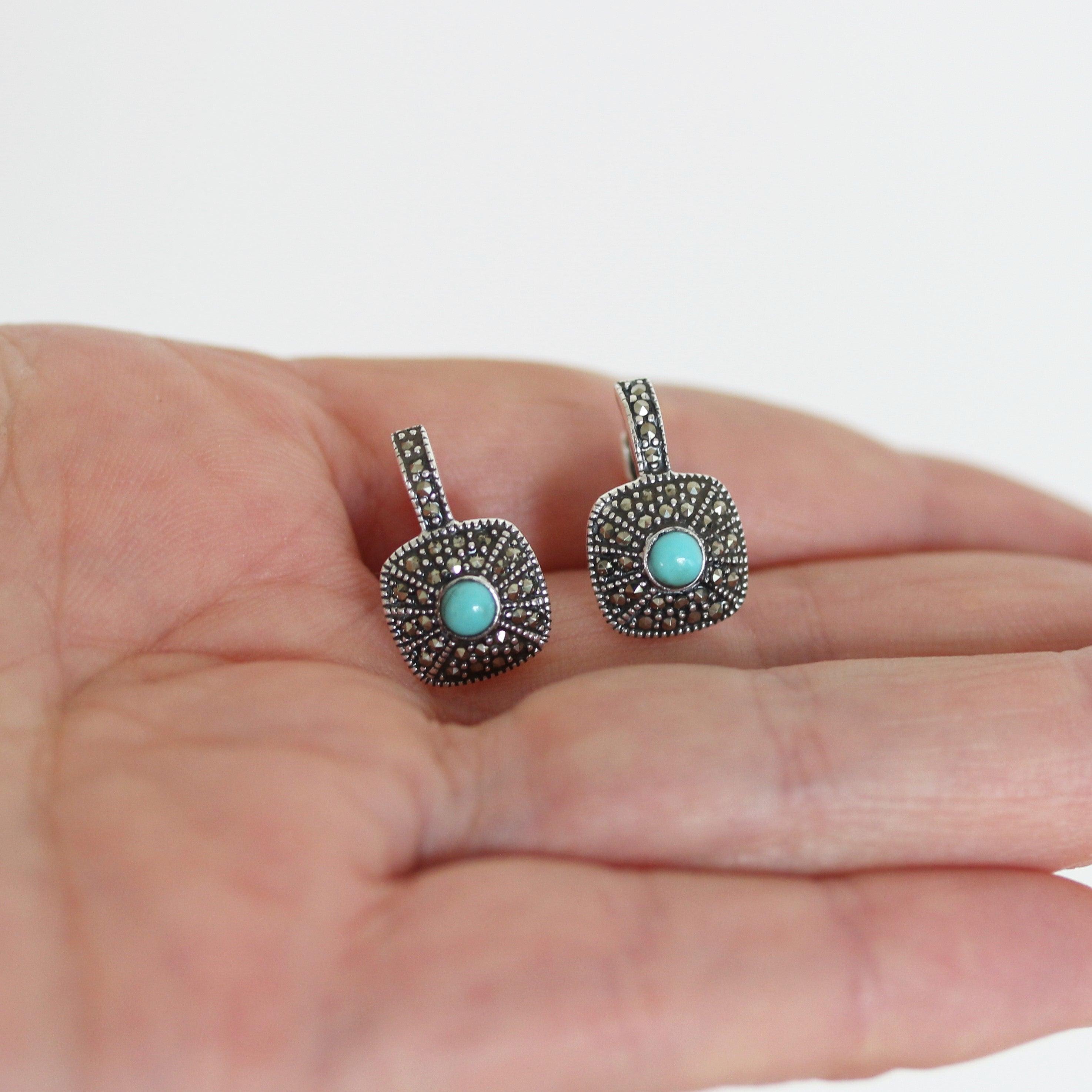 Sterling Silver Art Deco Style Marcasite & Turquoise Small Leverback Drop Earrings - STERLING SILVER DESIGNS