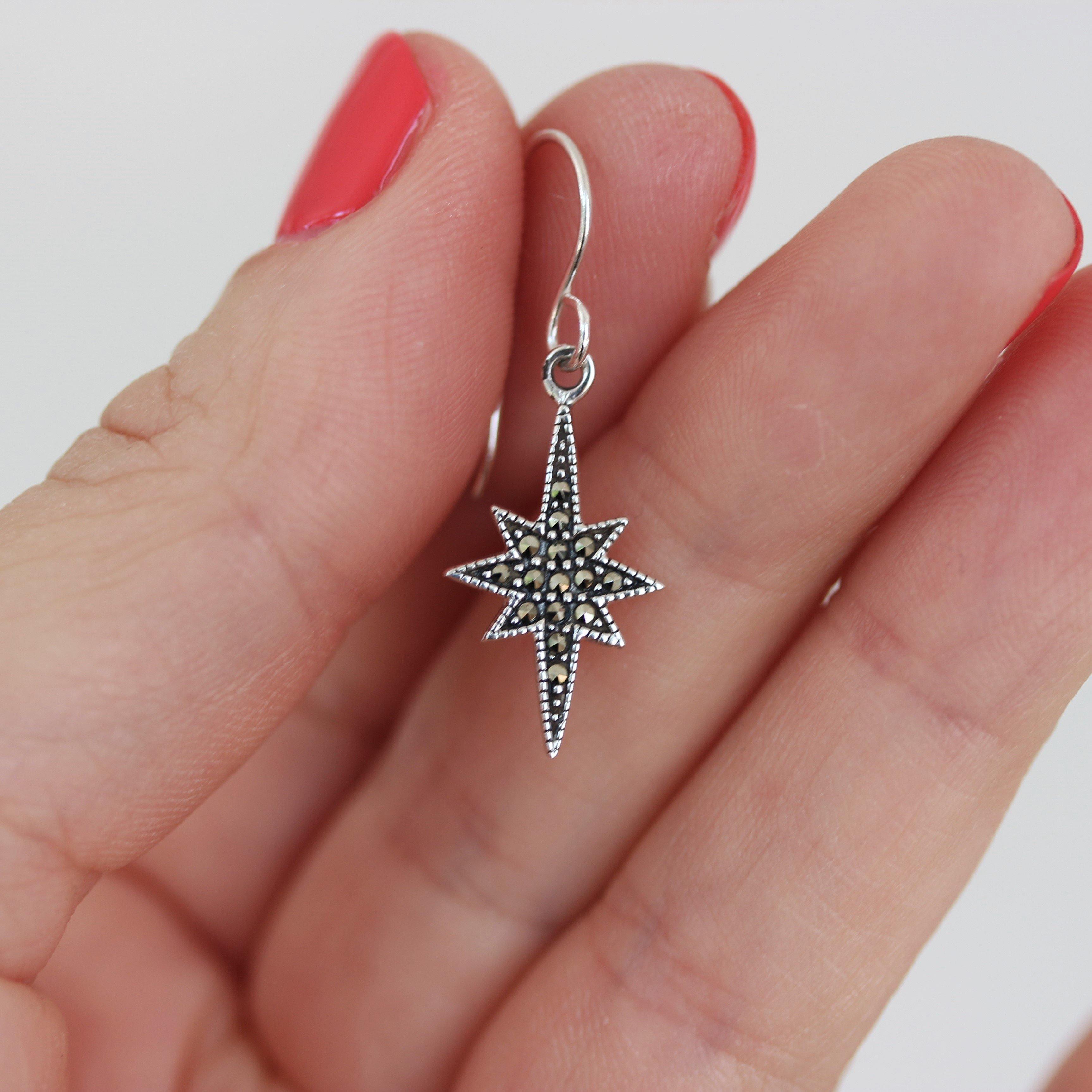 Sterling Silver Marcasite Starburst Star Hook Drop Dangle Earrings - STERLING SILVER DESIGNS