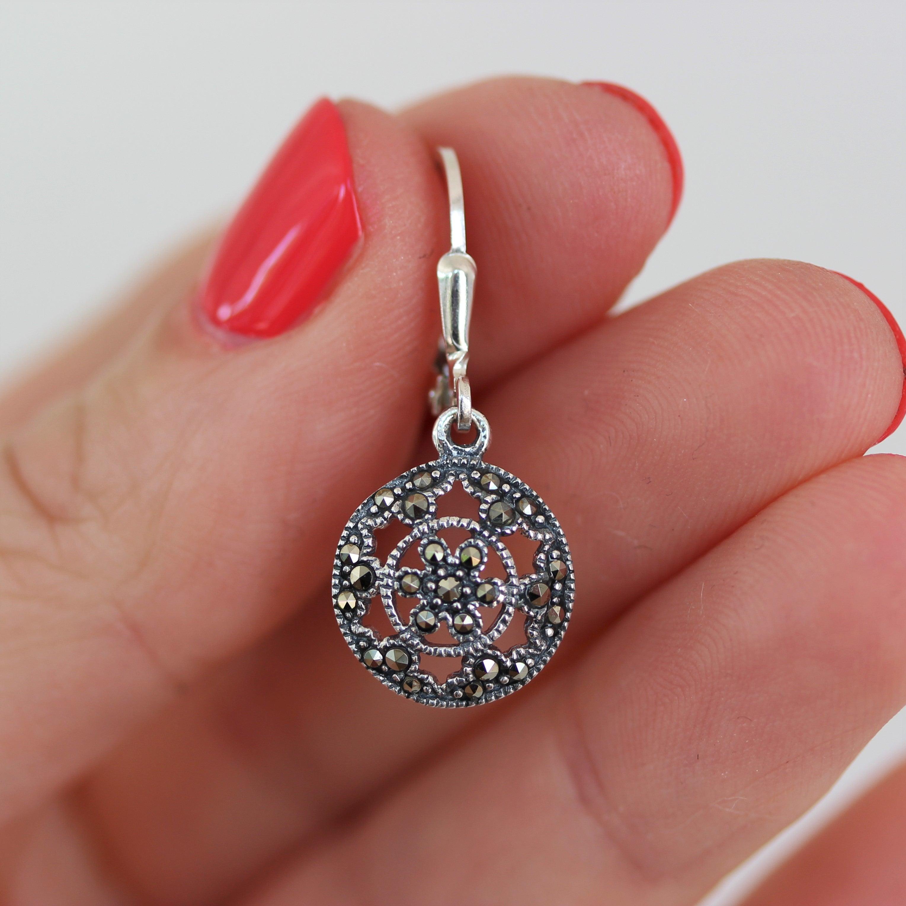 Sterling Silver Marcasite 13mm Round Leverback Drop Dangle Earrings - STERLING SILVER DESIGNS