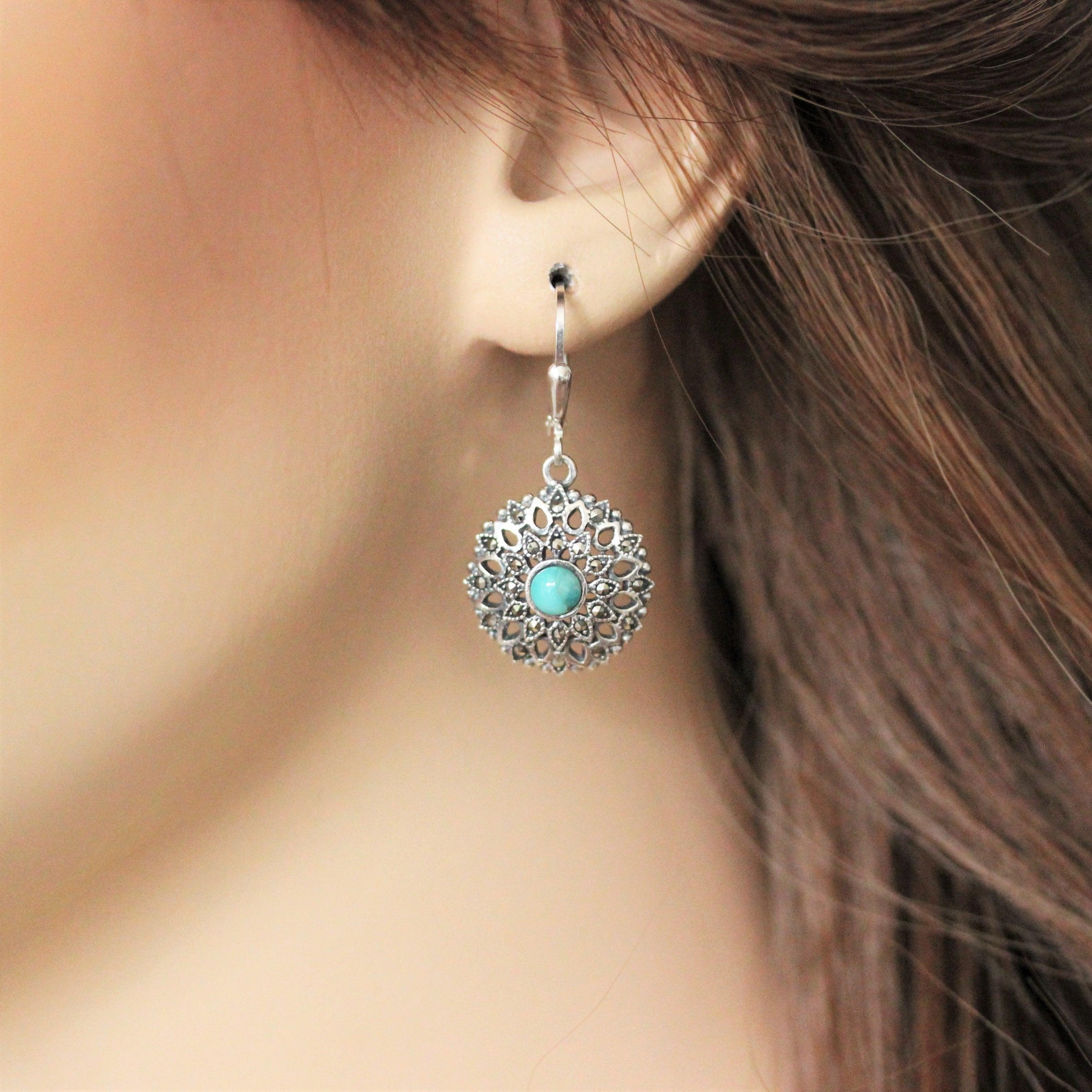 925 Sterling Silver Turquoise Filgree Vintage Style Marcasite Leverback Drop Earrings - STERLING SILVER DESIGNS