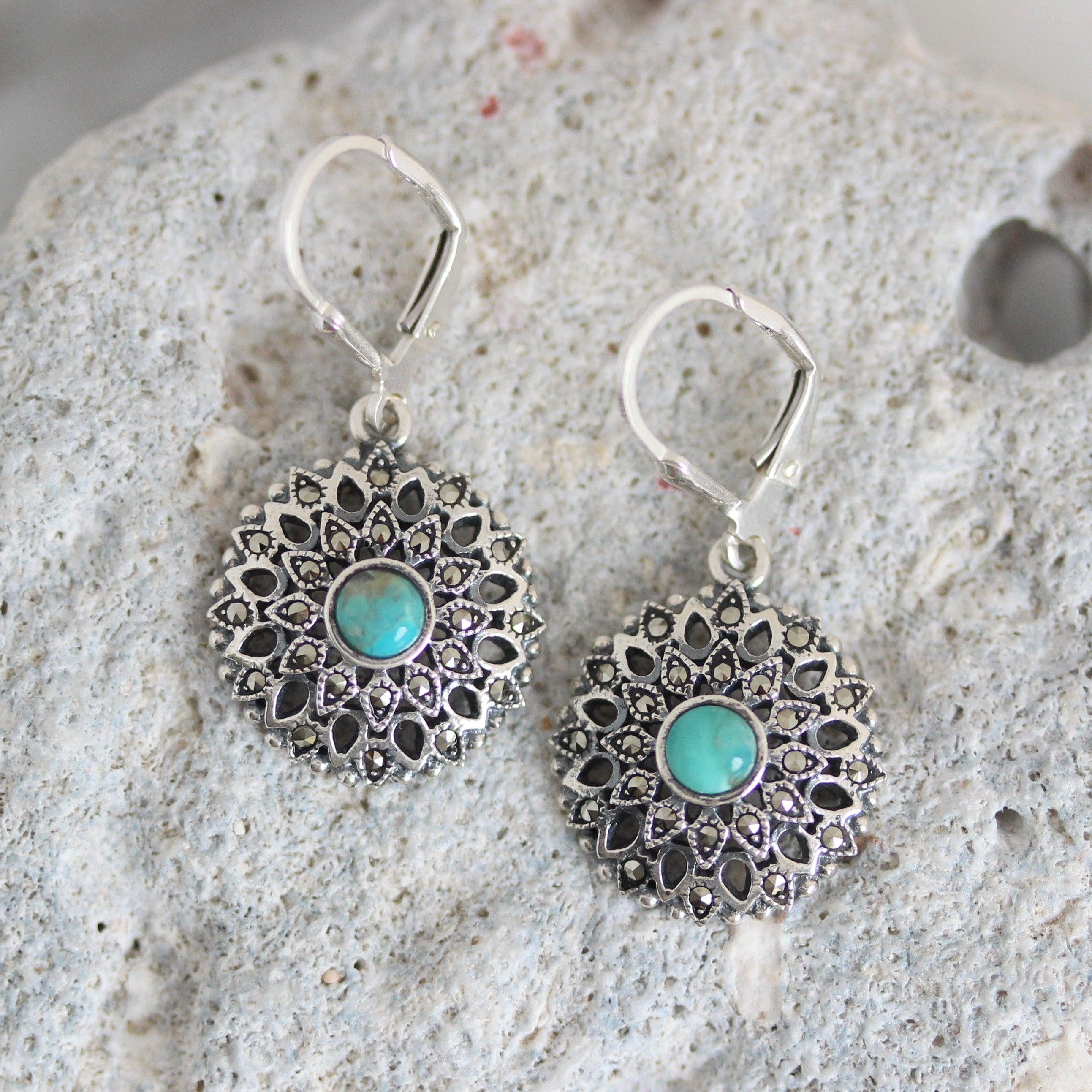925 Sterling Silver Turquoise Filgree Vintage Style Marcasite Leverback Drop Earrings - STERLING SILVER DESIGNS
