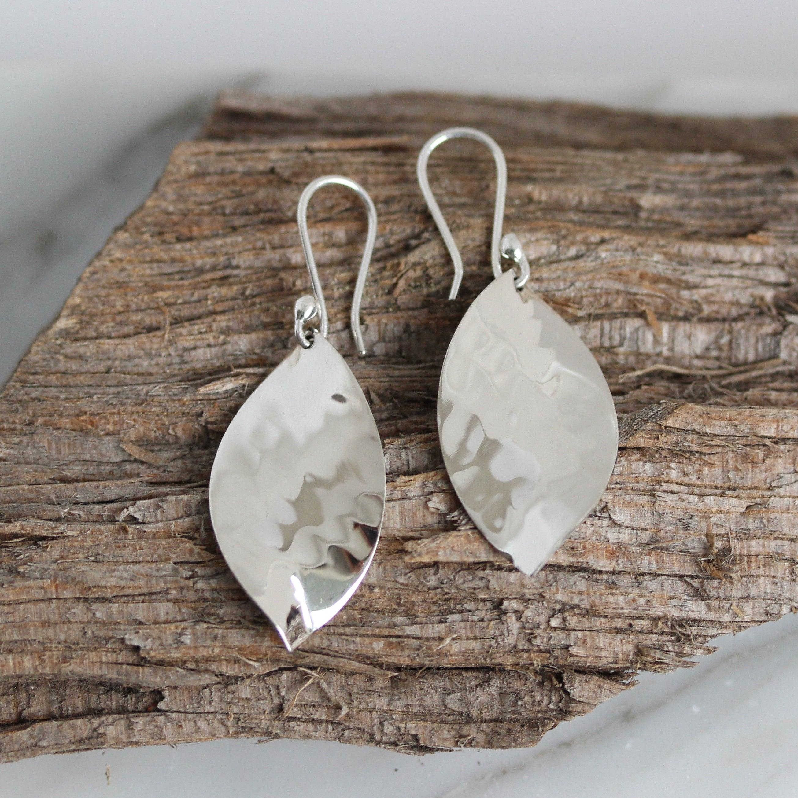 Sterling Silver Hammered Beaten Marquise Shape Concave Hook Drop Earrings - STERLING SILVER DESIGNS