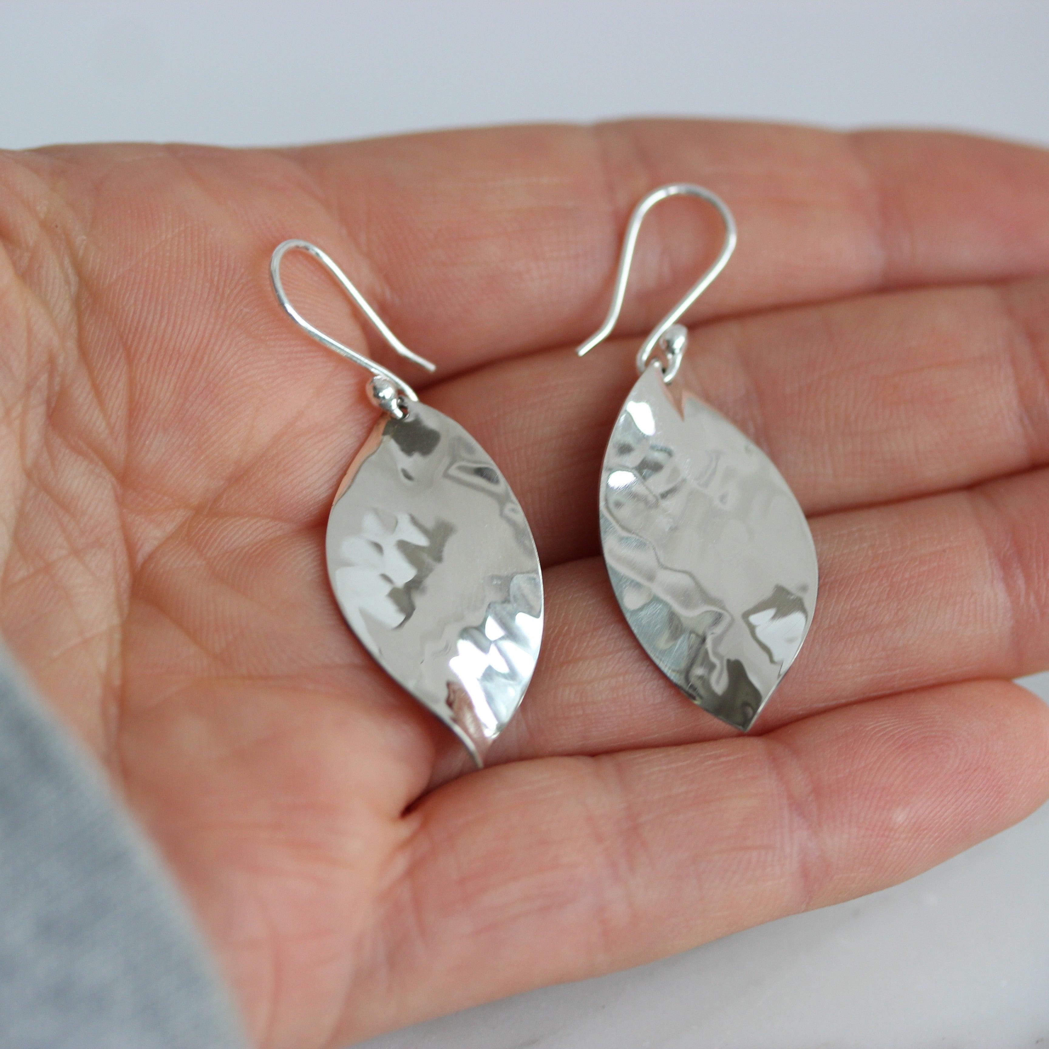 Sterling Silver Hammered Beaten Marquise Shape Concave Hook Drop Earrings - STERLING SILVER DESIGNS