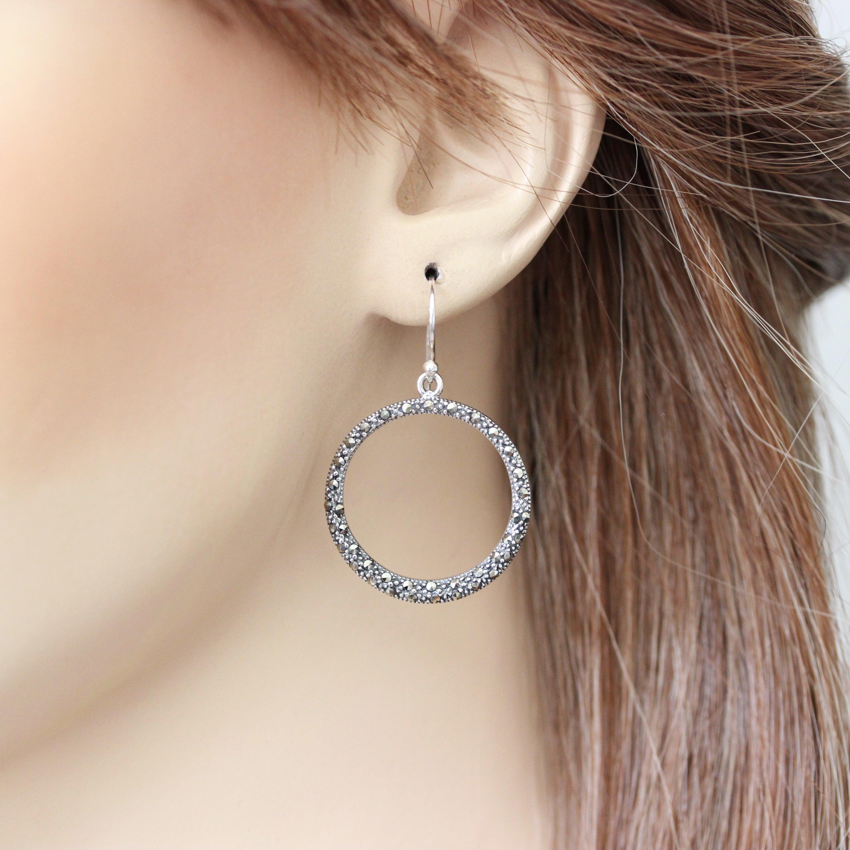 Sterling Silver Marcasite 25mm Cut Out Circle "O" Hook Drop Earring - STERLING SILVER DESIGNS