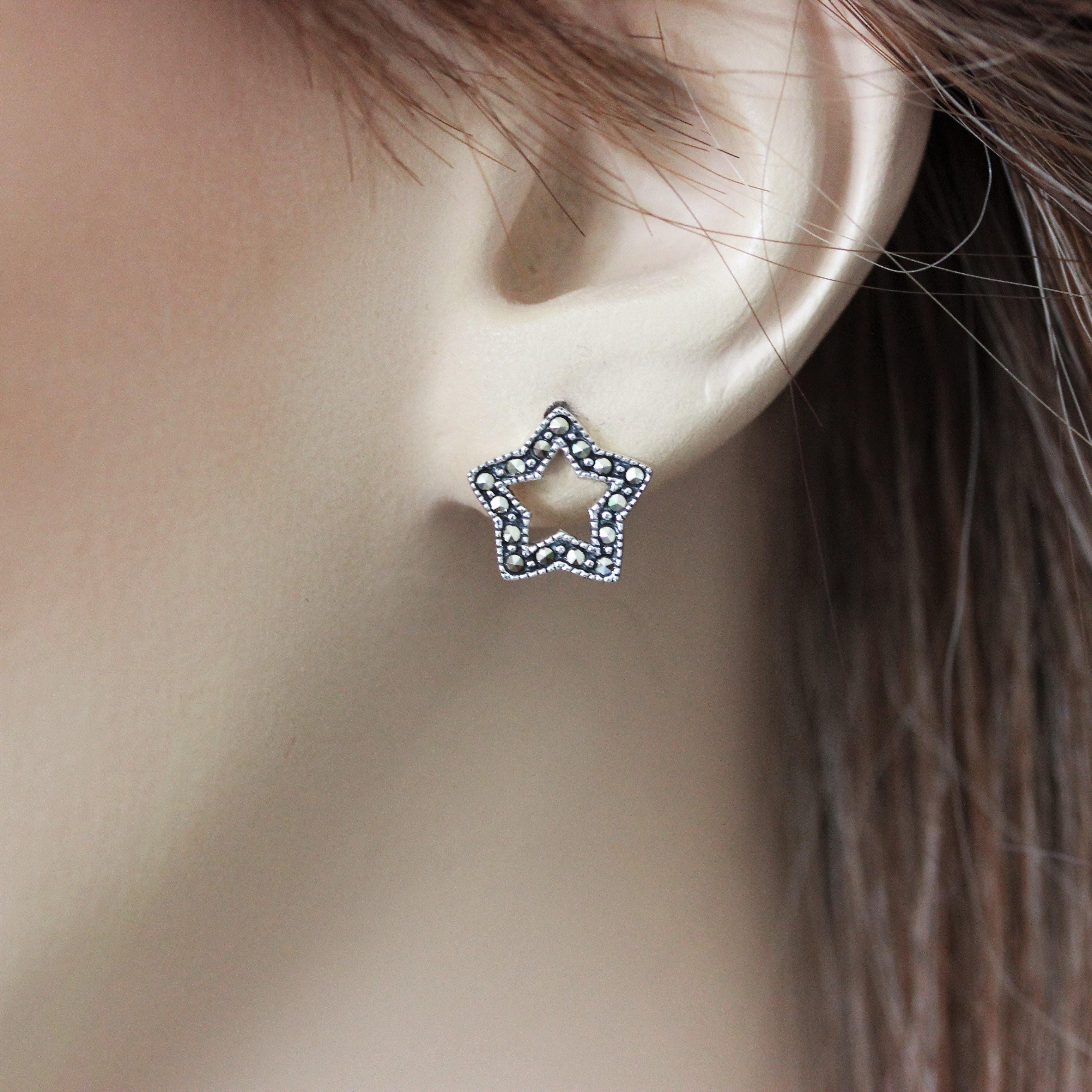 925 Sterling Silver Star Cut Out Vintage Marcasite Stud Earrings - STERLING SILVER DESIGNS