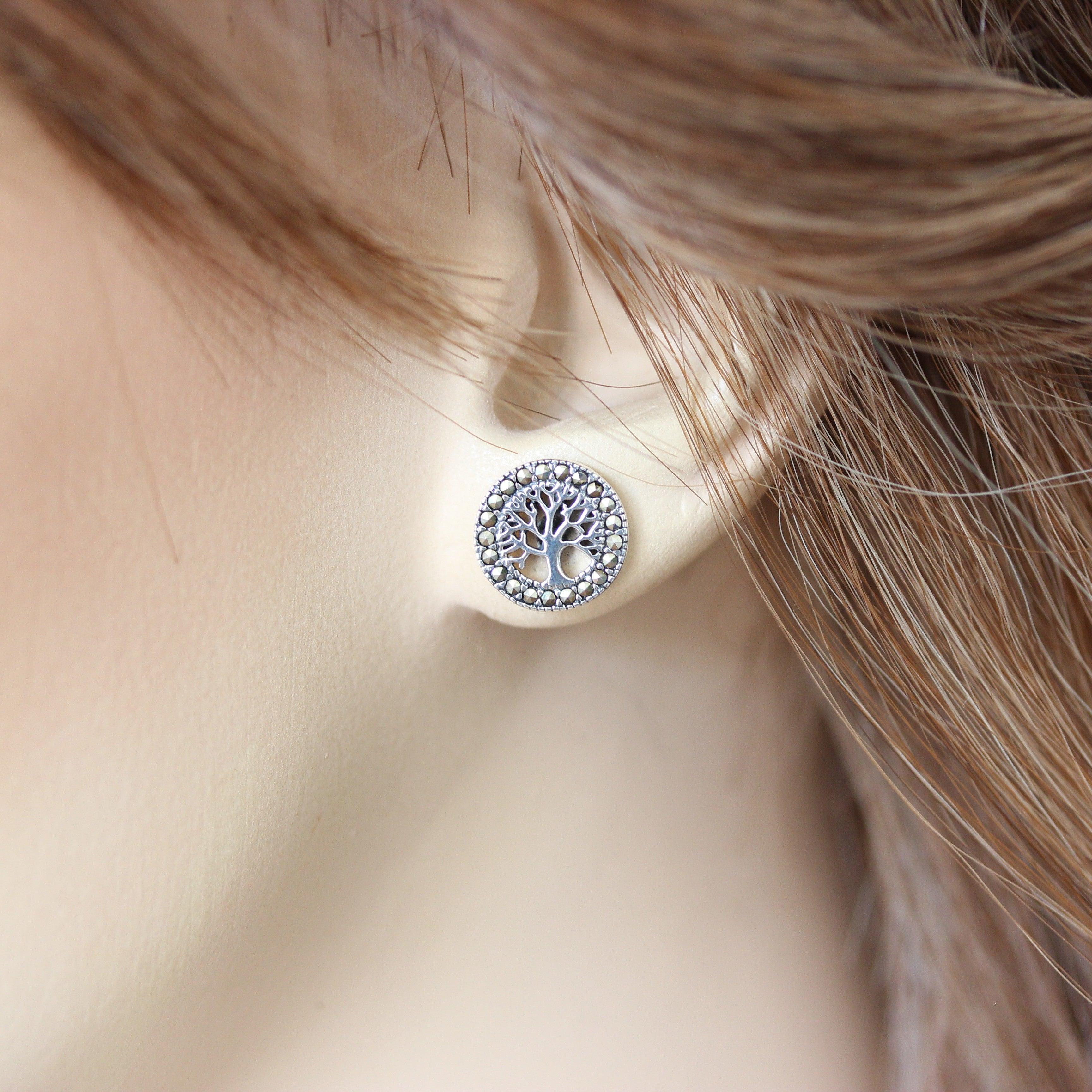 925 Sterling Silver Round Tree of Life Stud Earrings Vintage Marcasite - STERLING SILVER DESIGNS