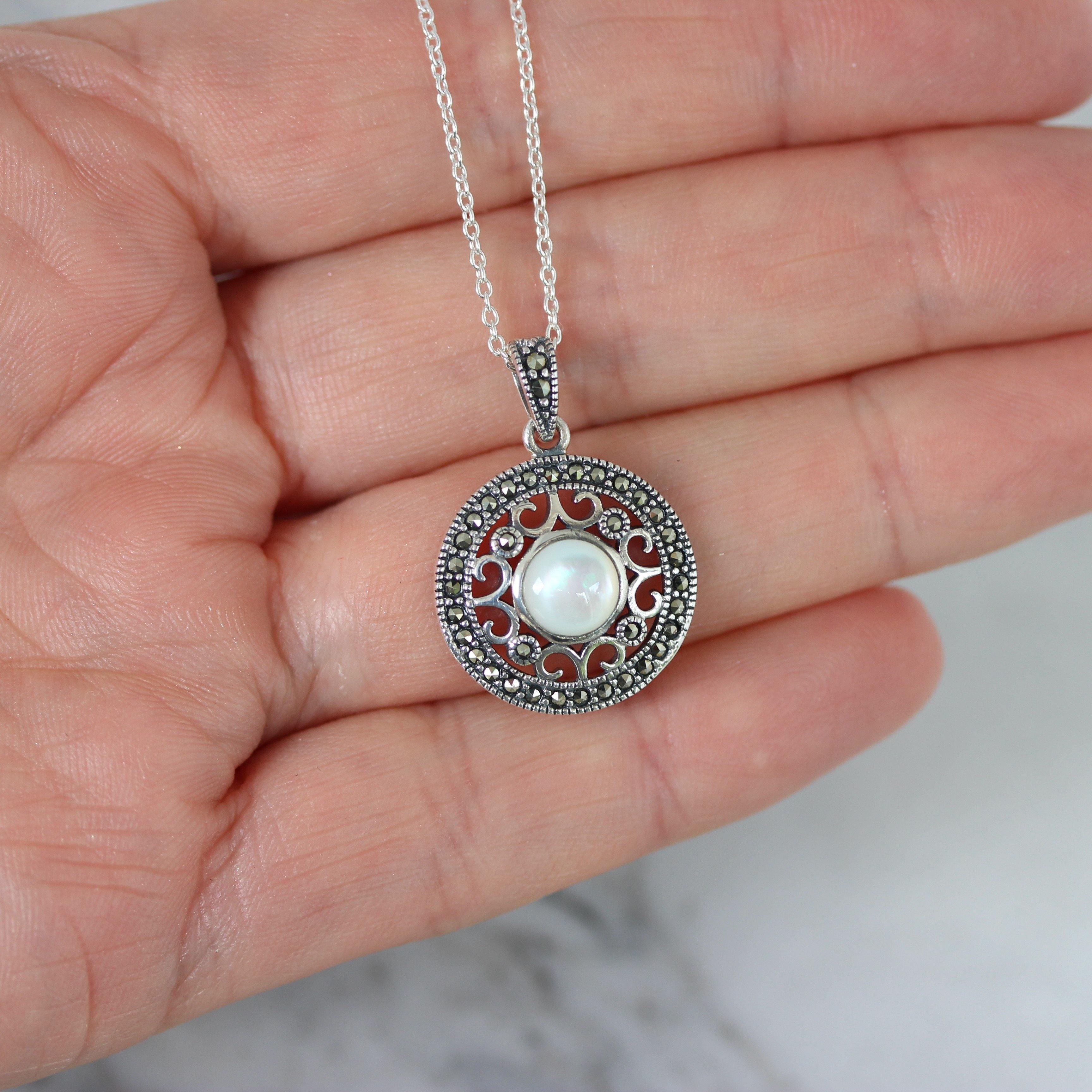 Sterling Silver Marcasite & Mother Of Pearl Round Filigree Pendant Necklace 42cm - STERLING SILVER DESIGNS