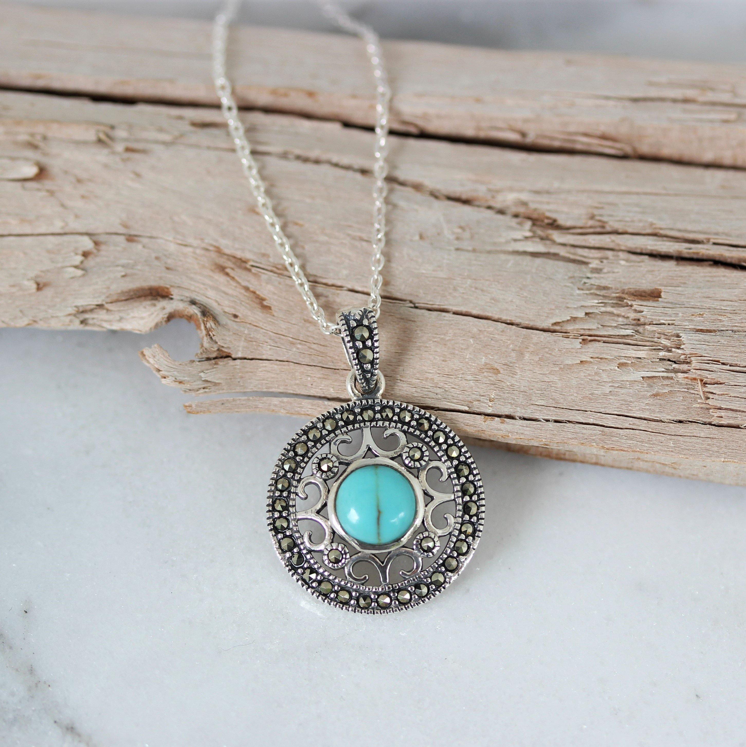 Sterling Silver Marcasite & Turquoise Round Filigree Pendant Necklace - STERLING SILVER DESIGNS