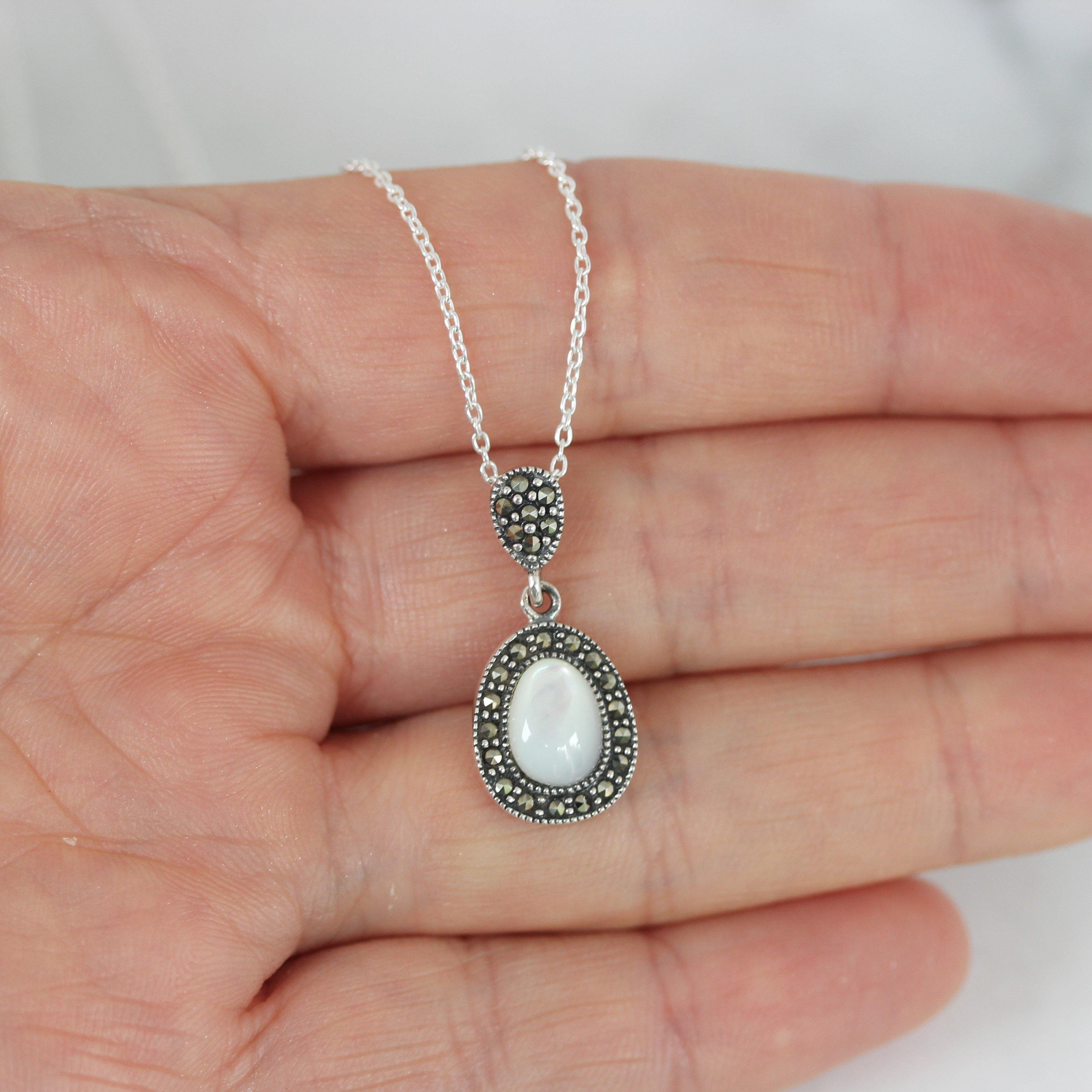 Sterling Silver Marcasite & Mother Of Pearl Halo Drop Pendant Necklace - STERLING SILVER DESIGNS
