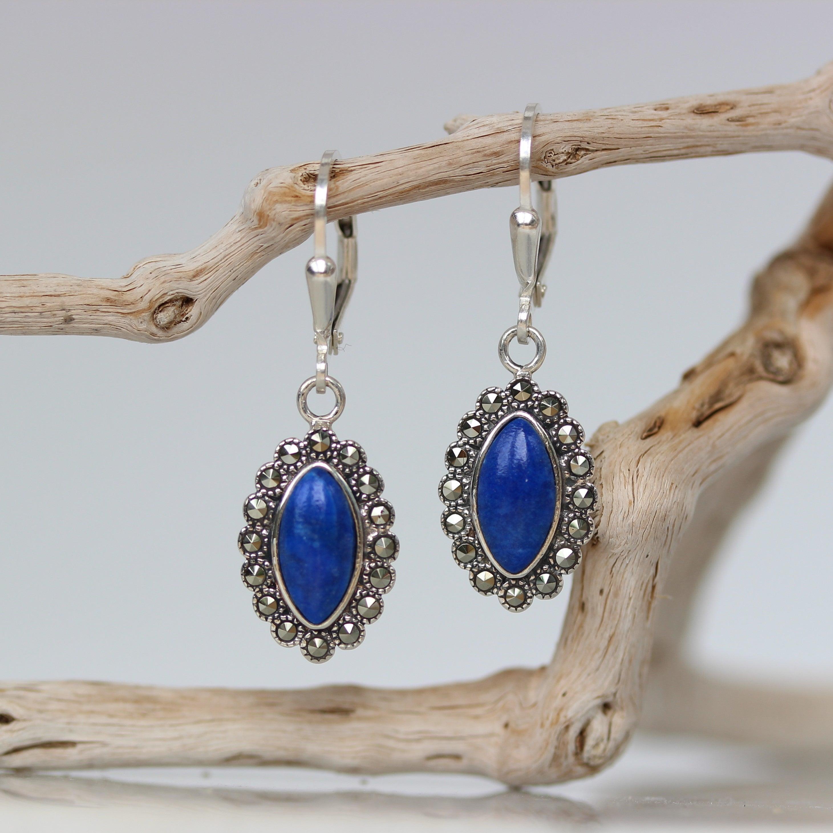 Sterling Silver Marcasite & Blue Lapis Marquise Leverback Drop Earrings - STERLING SILVER DESIGNS