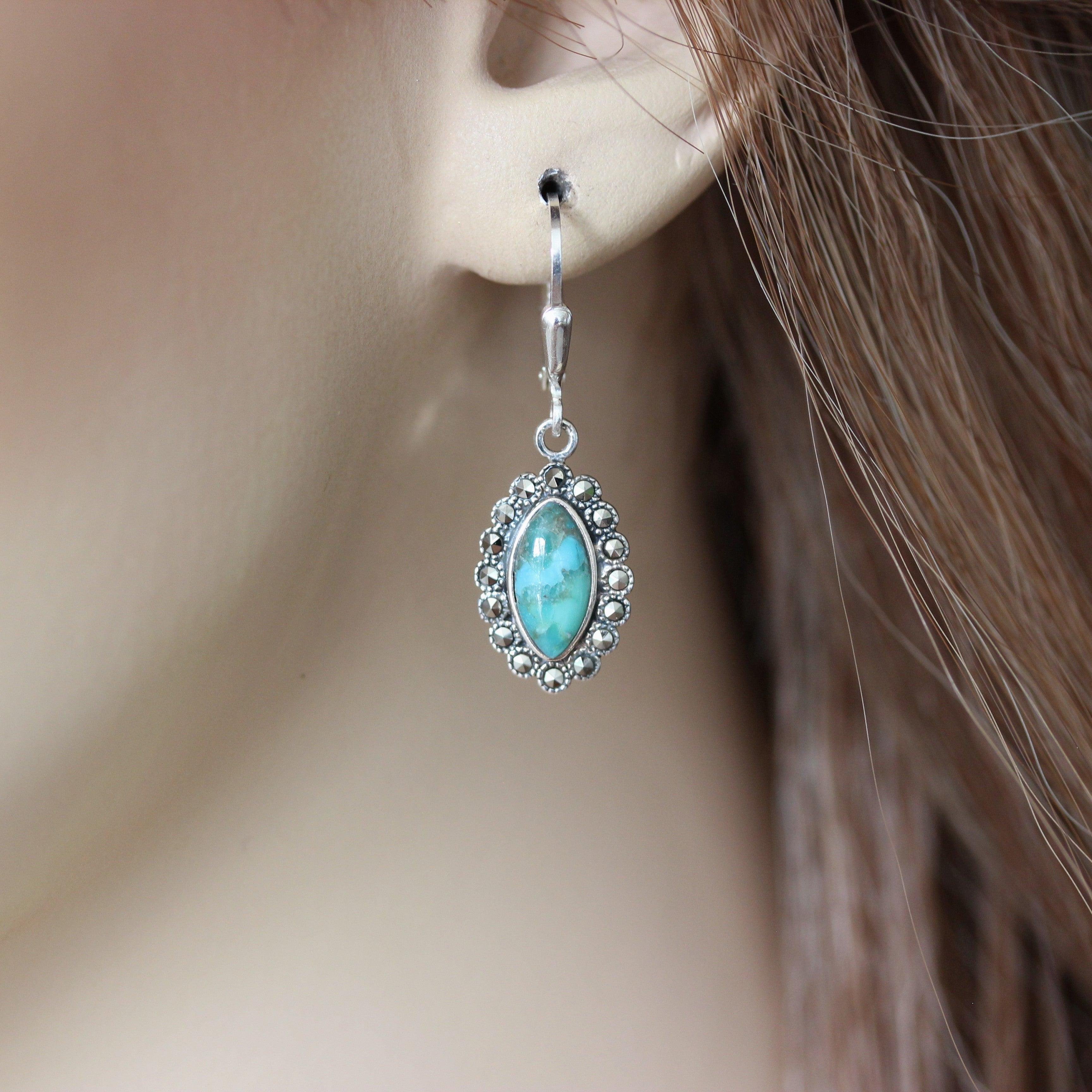 Sterling Silver Marcasite & Turquoise Marquise Leverback Drop Earrings - STERLING SILVER DESIGNS