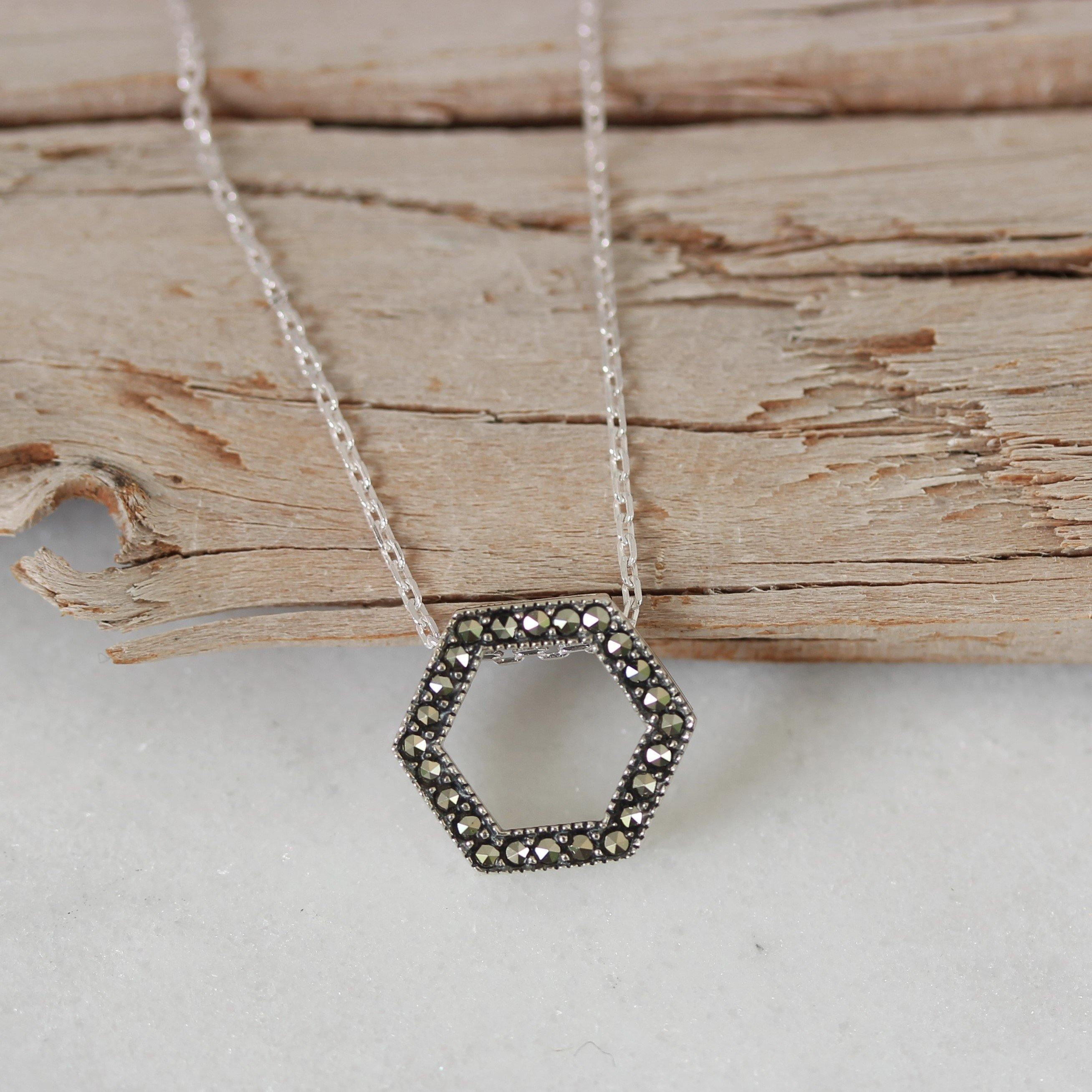 Sterling Silver Hexagon Shape Marcasite Slider Necklace Pendant 40cm - STERLING SILVER DESIGNS