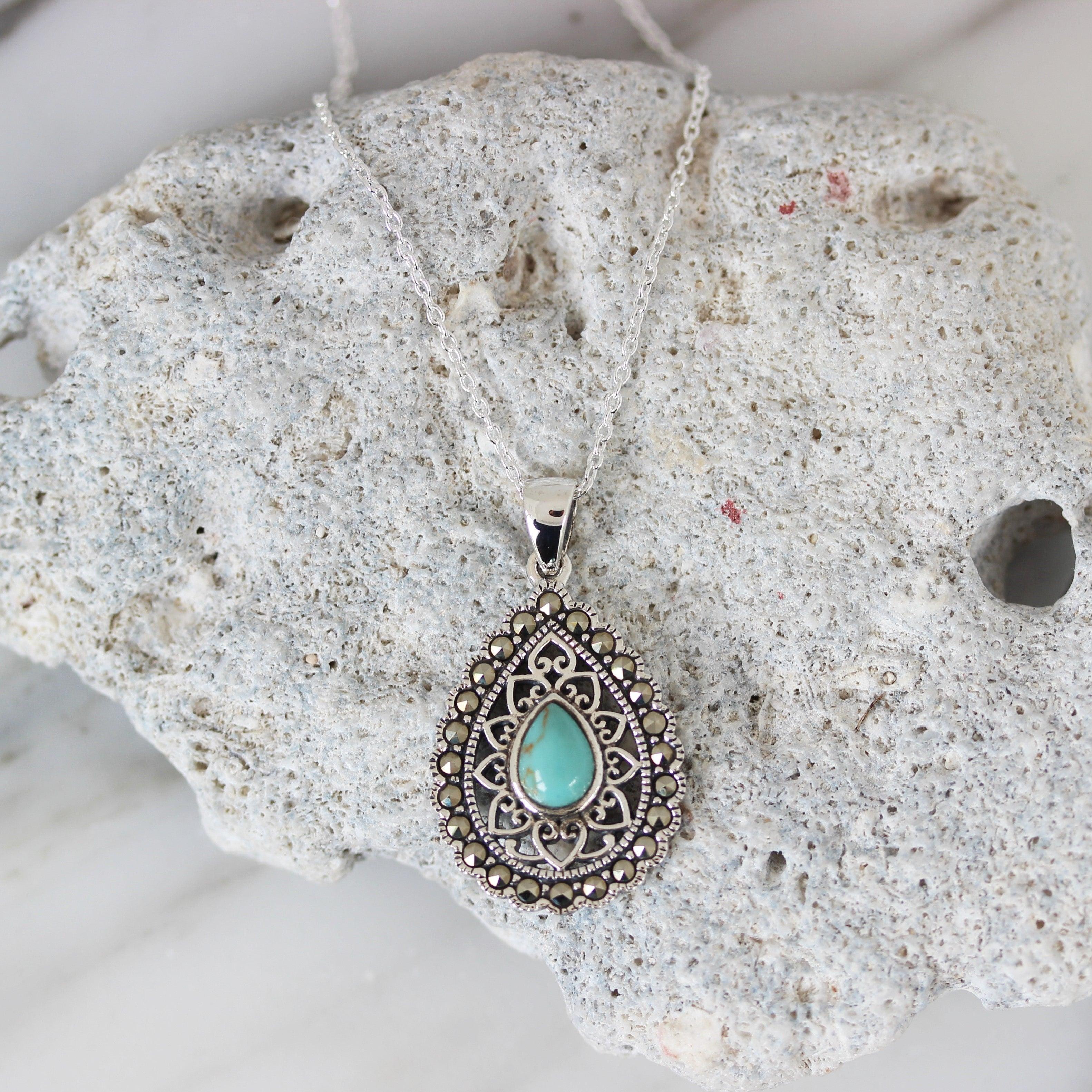 Sterling Silver Marcasite & Turquoise Teardrop Filigree Necklace 45cm - STERLING SILVER DESIGNS