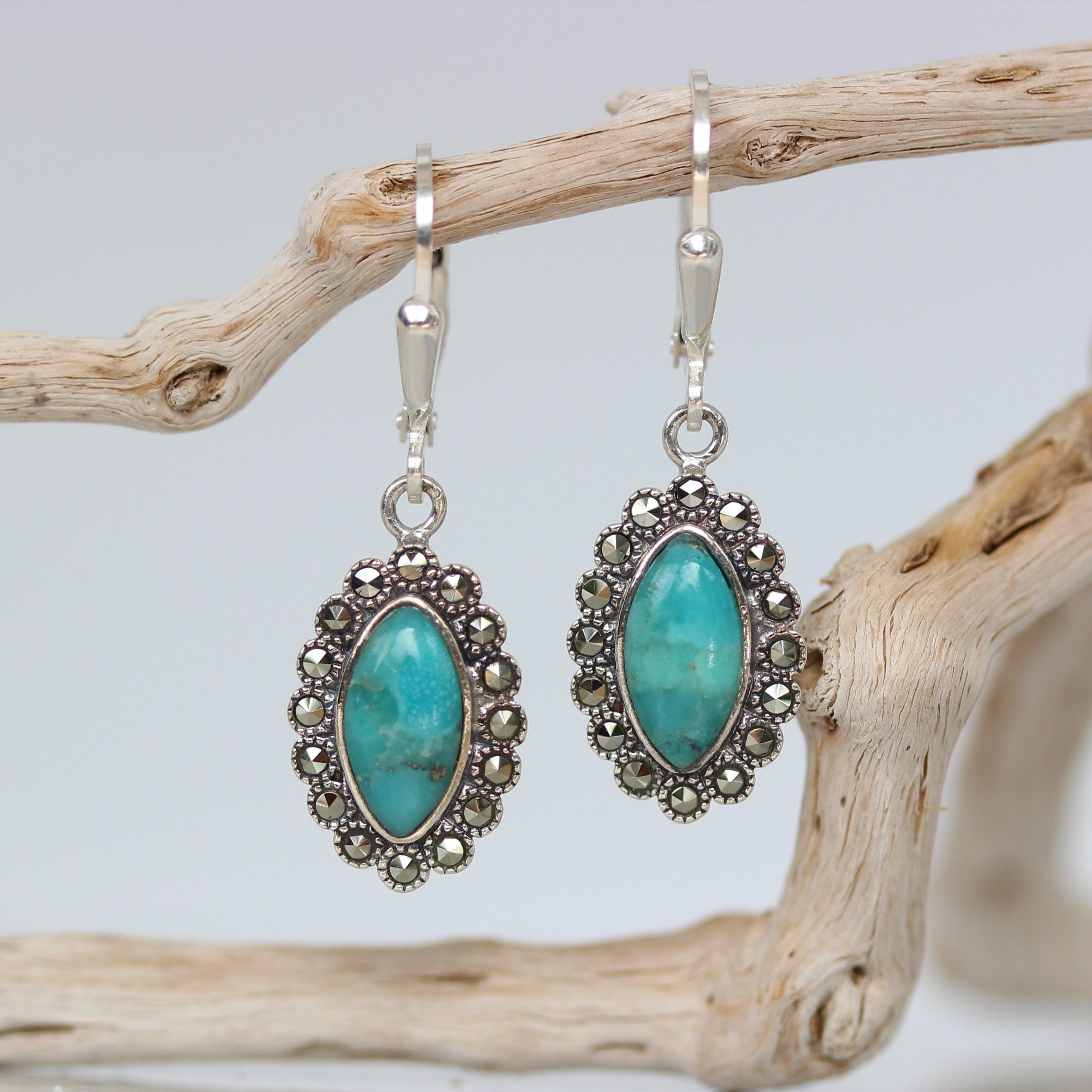 Sterling Silver Marcasite & Turquoise Marquise Leverback Drop Earrings - STERLING SILVER DESIGNS