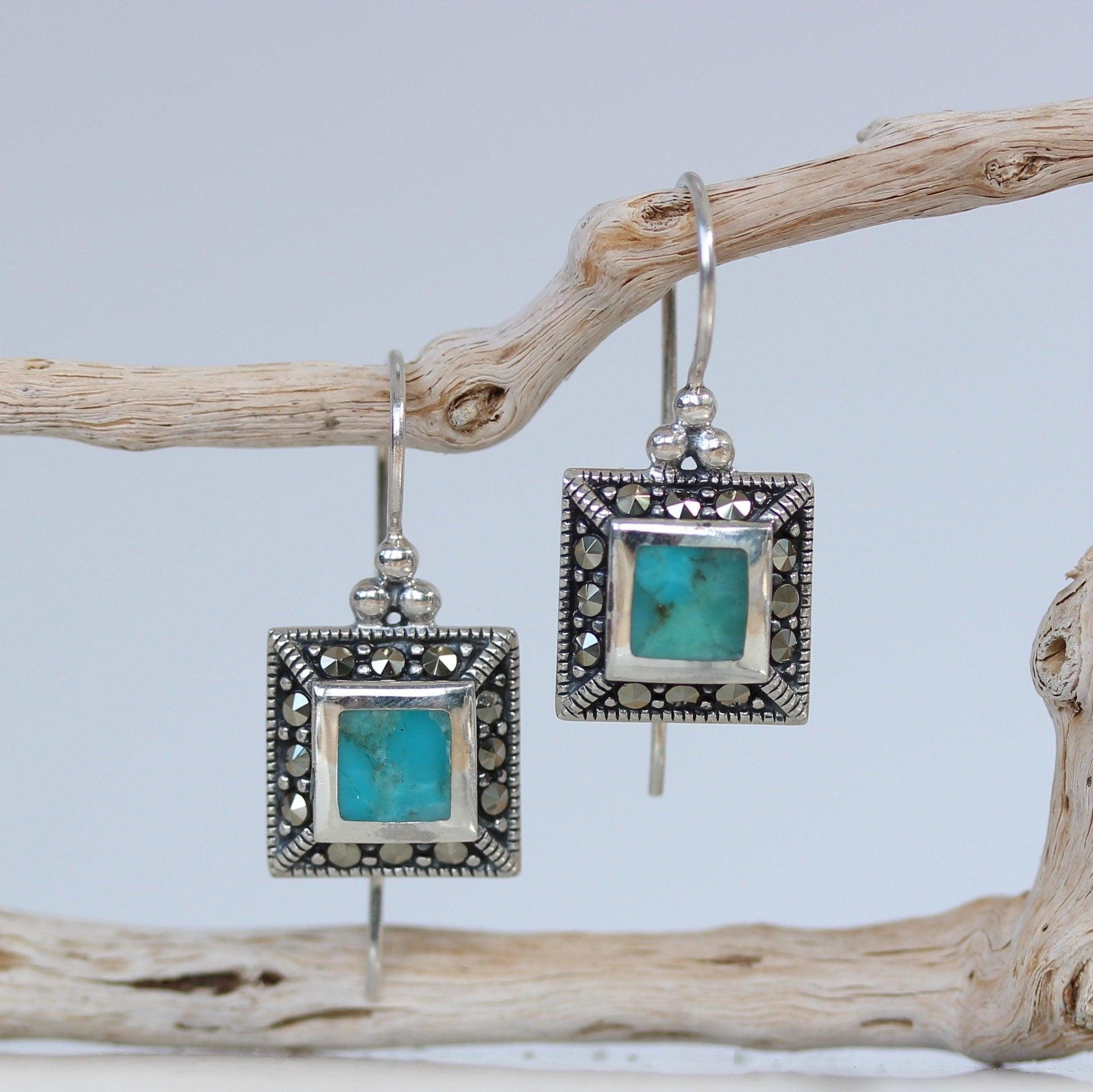Sterling Silver Marcasite & Turquoise Square French Hook Leverback Drop Earrings - STERLING SILVER DESIGNS